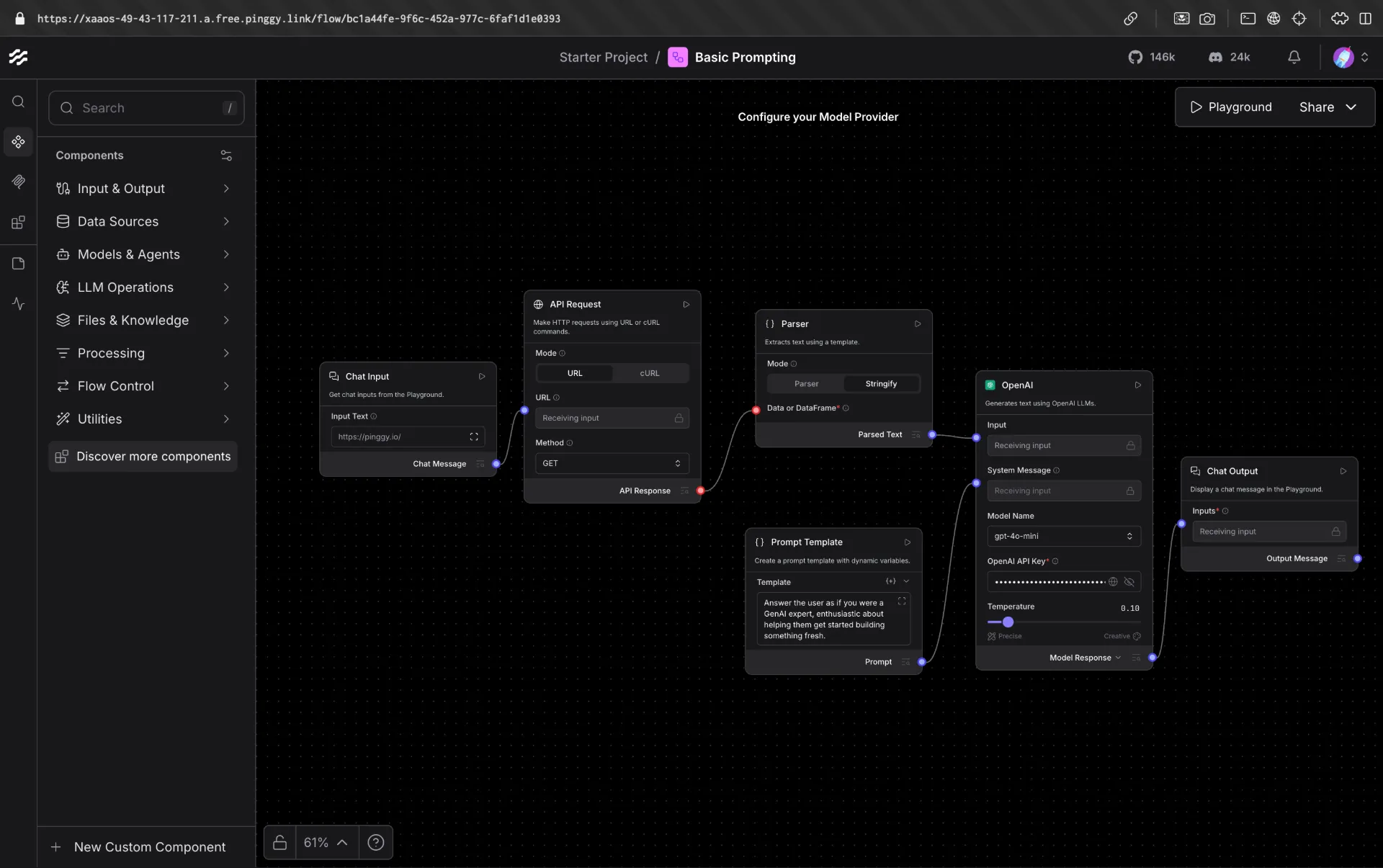 Langflow editor accessible via Pinggy public URL