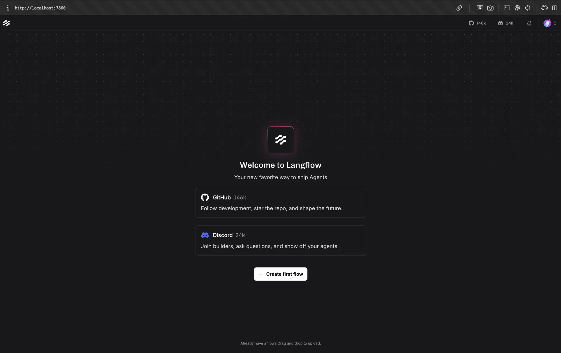 Langflow welcome screen running on localhost:7860