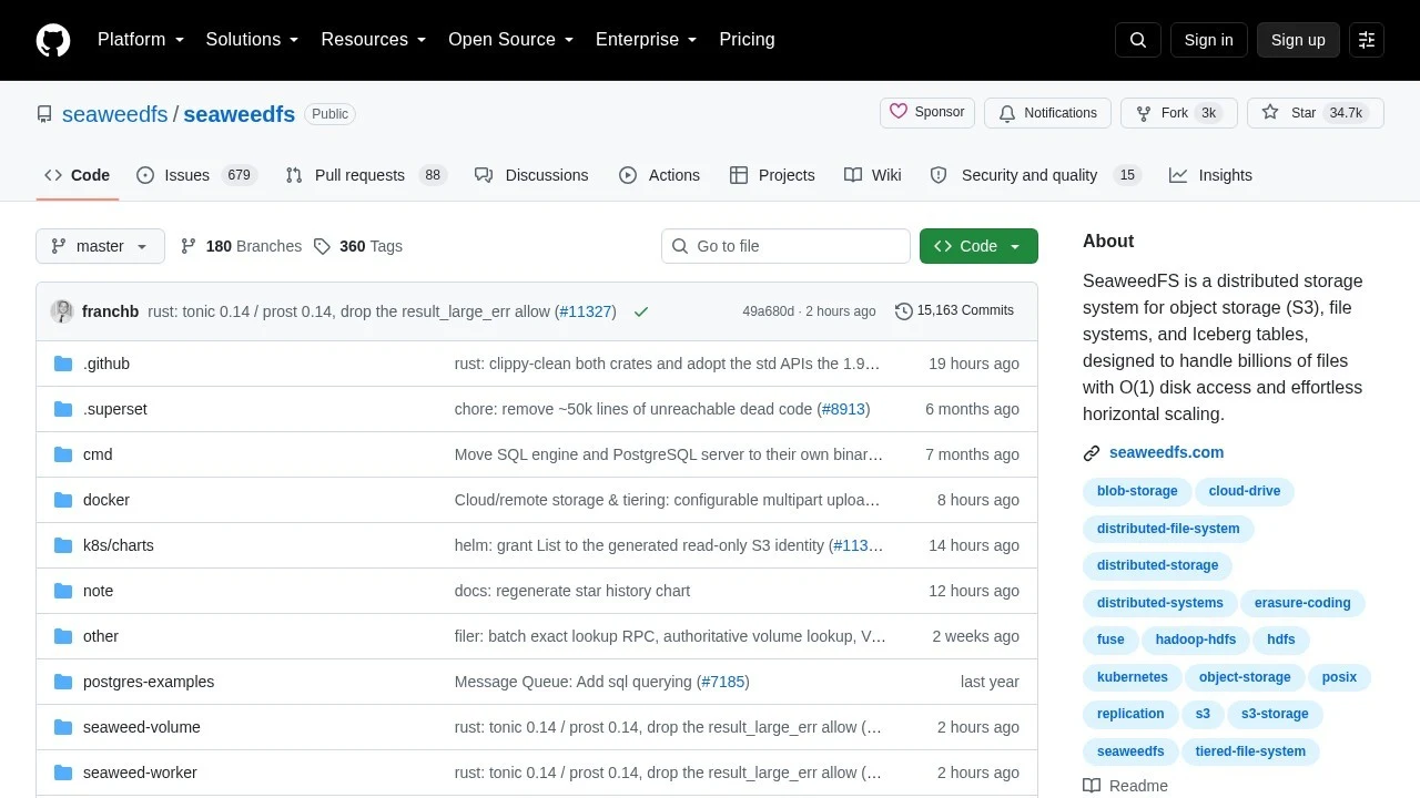 The SeaweedFS GitHub repository page showing its S3, filesystem, and Iceberg table storage features