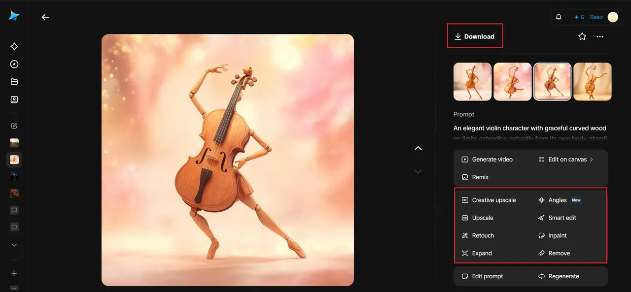 Dreamina's image view of a wooden violin character in a ballet pose, with the Download button and the Retouch, Inpaint, Expand and Remove tools highlighted