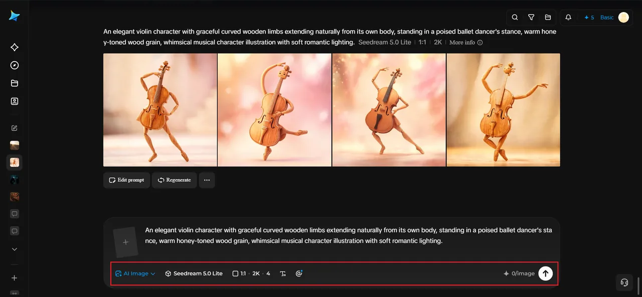 Four Dreamina results for the violin dancer prompt, with the model, aspect ratio and 2K resolution settings highlighted in the prompt bar below