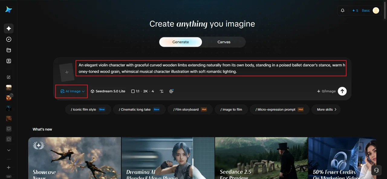 Dreamina's Generate screen with the violin dancer prompt typed into the prompt box and AI Image mode selected