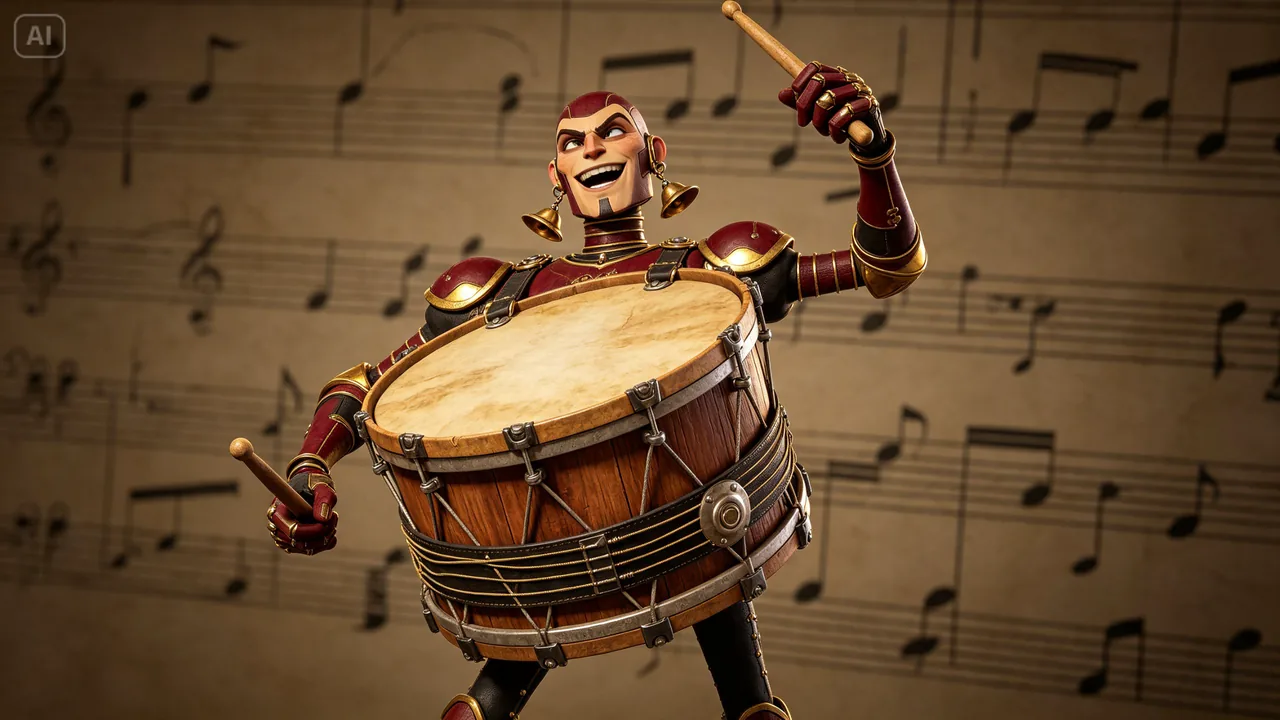 A drum character with a wooden drum for a body, red and gold armored arms and bell earrings, raising its drumsticks in front of a sheet music backdrop