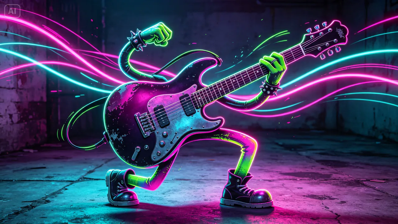 An electric guitar character with neon green arms, spiked wristbands and black boots, striking a rock pose against glowing pink and cyan light trails