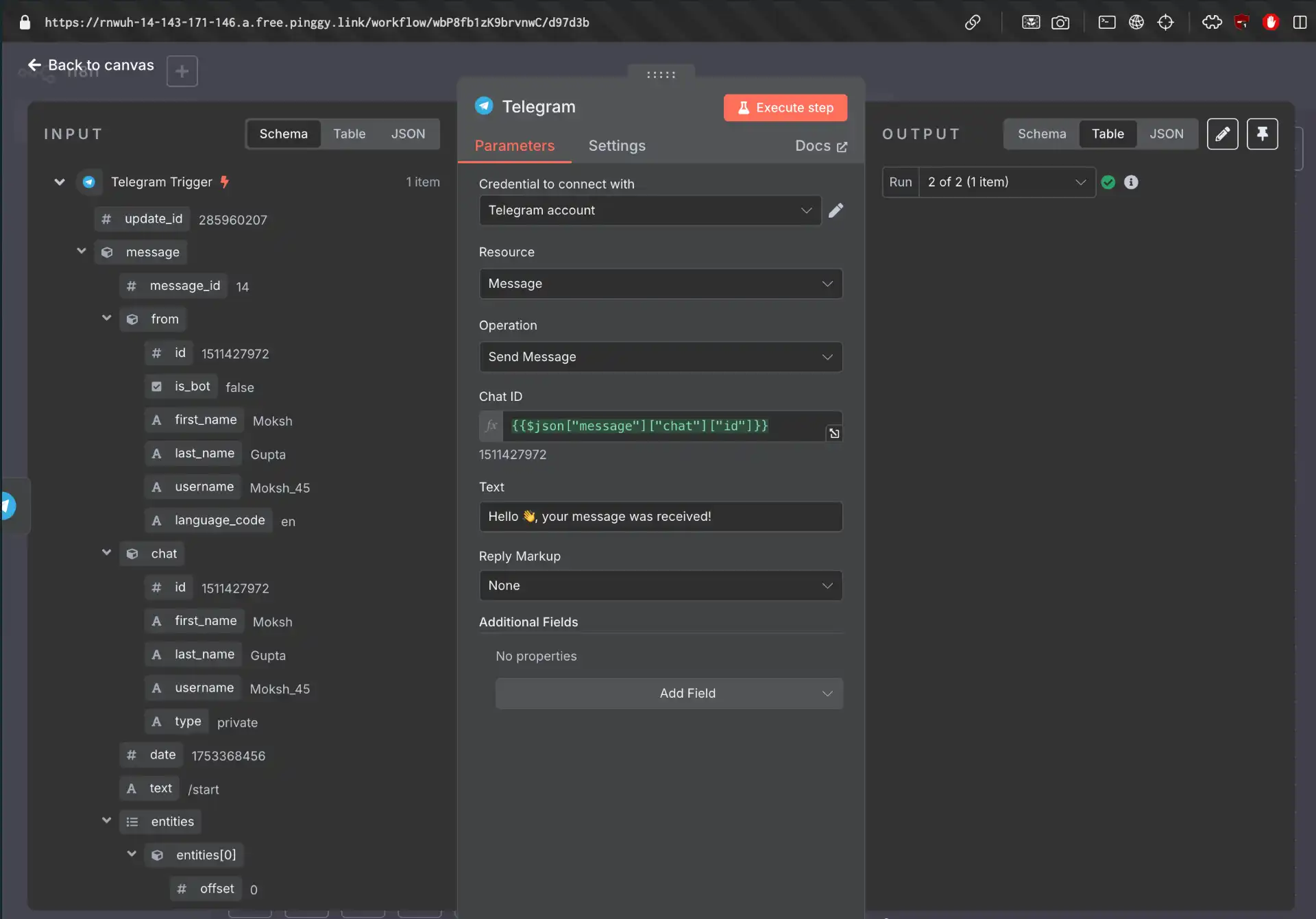 telegram response node setup