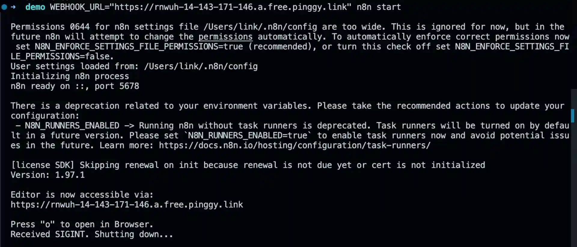 n8n running on pinggy url