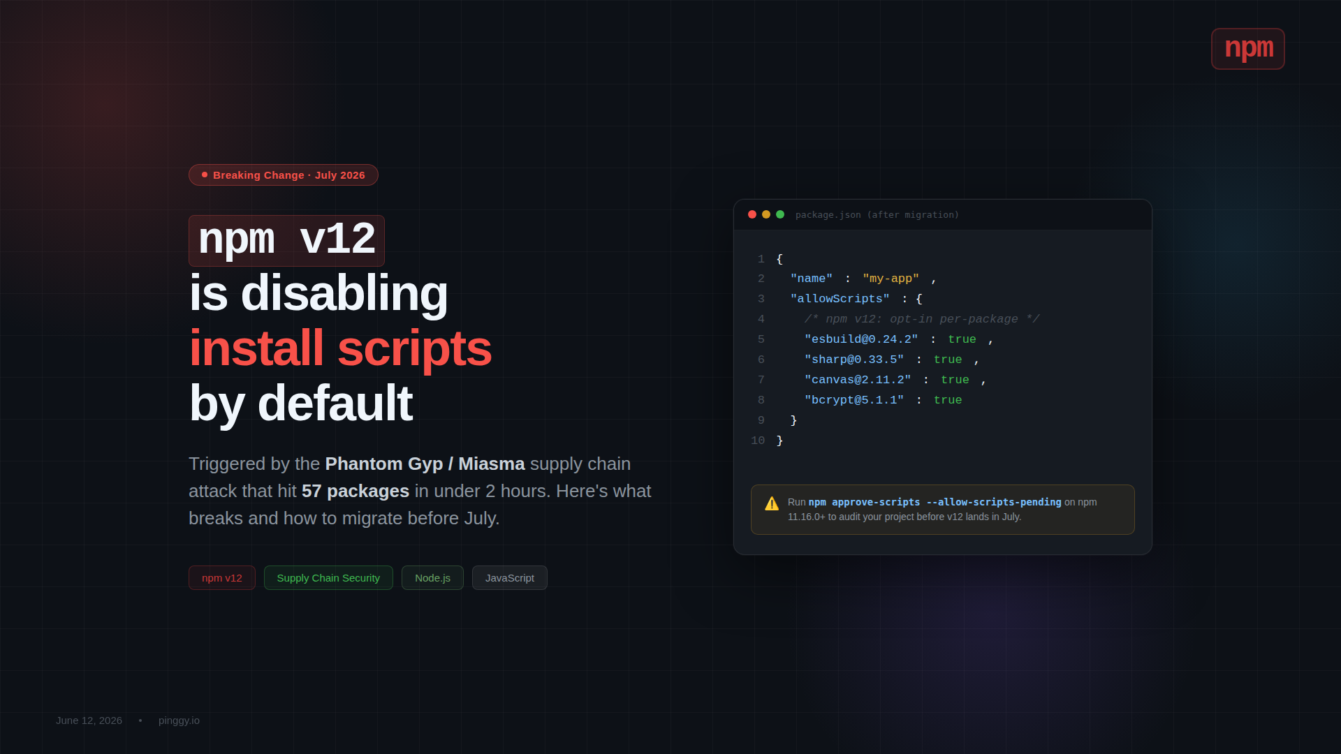 npm v12 disabling install scripts by default - supply chain security