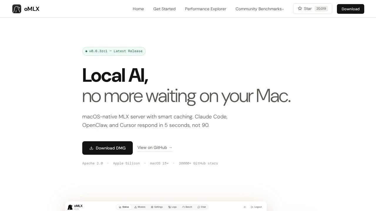 oMLX landing page showing its v0.6.3rc1 release badge, the headline 'Local AI, no more waiting on your Mac,' and a preview of the admin dashboard's serving stats