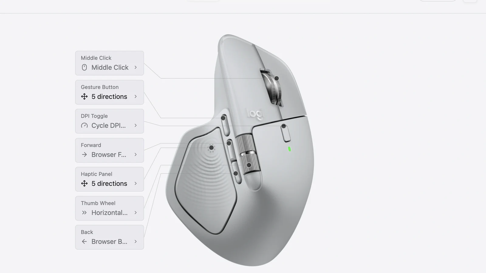 OpenLogi's desktop app showing an MX Master 4 with its buttons mapped to actions like Middle Click, DPI Toggle, and Browser Forward/Back