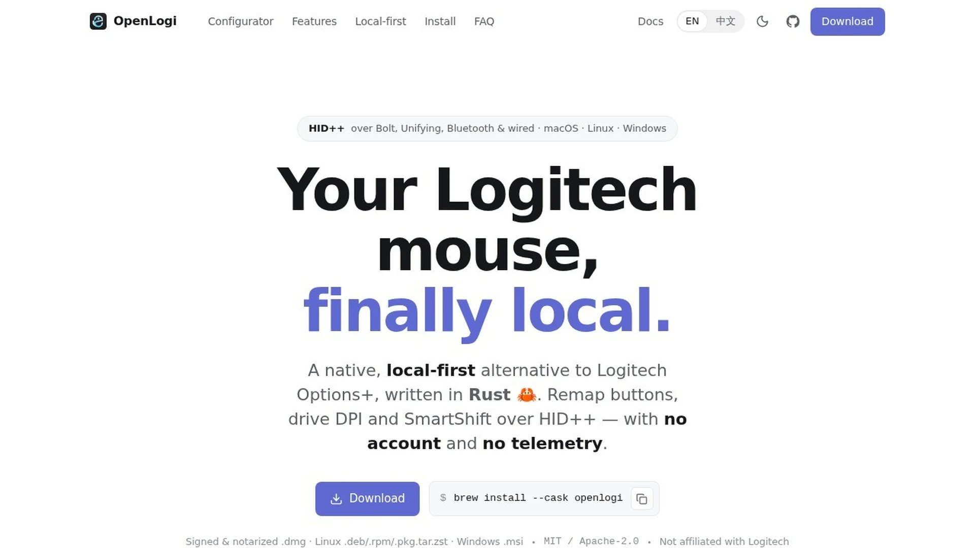 OpenLogi homepage showing its pitch as a local-first, no-account, no-telemetry alternative to Logitech Options+