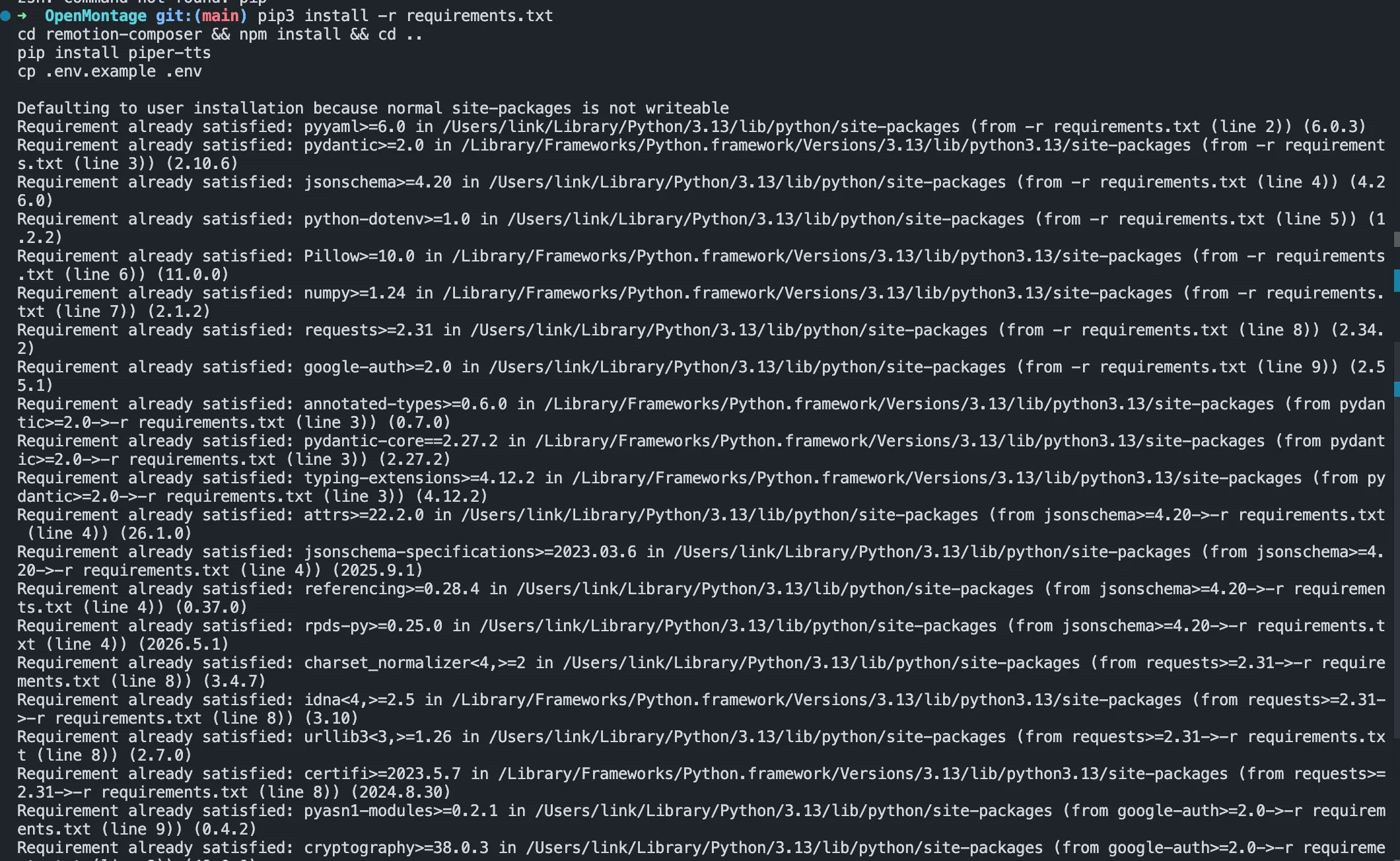 Running pip install -r requirements.txt