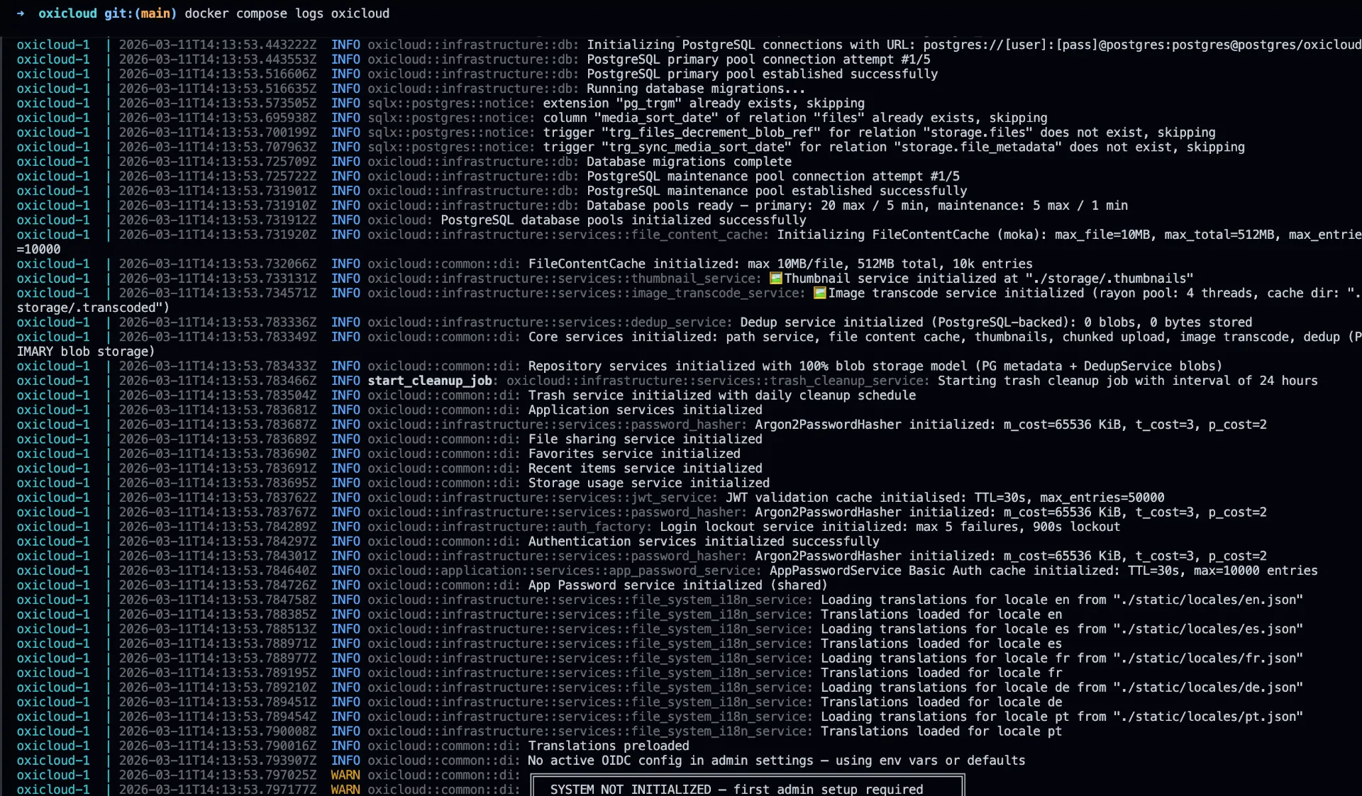 OxiCloud Docker logs