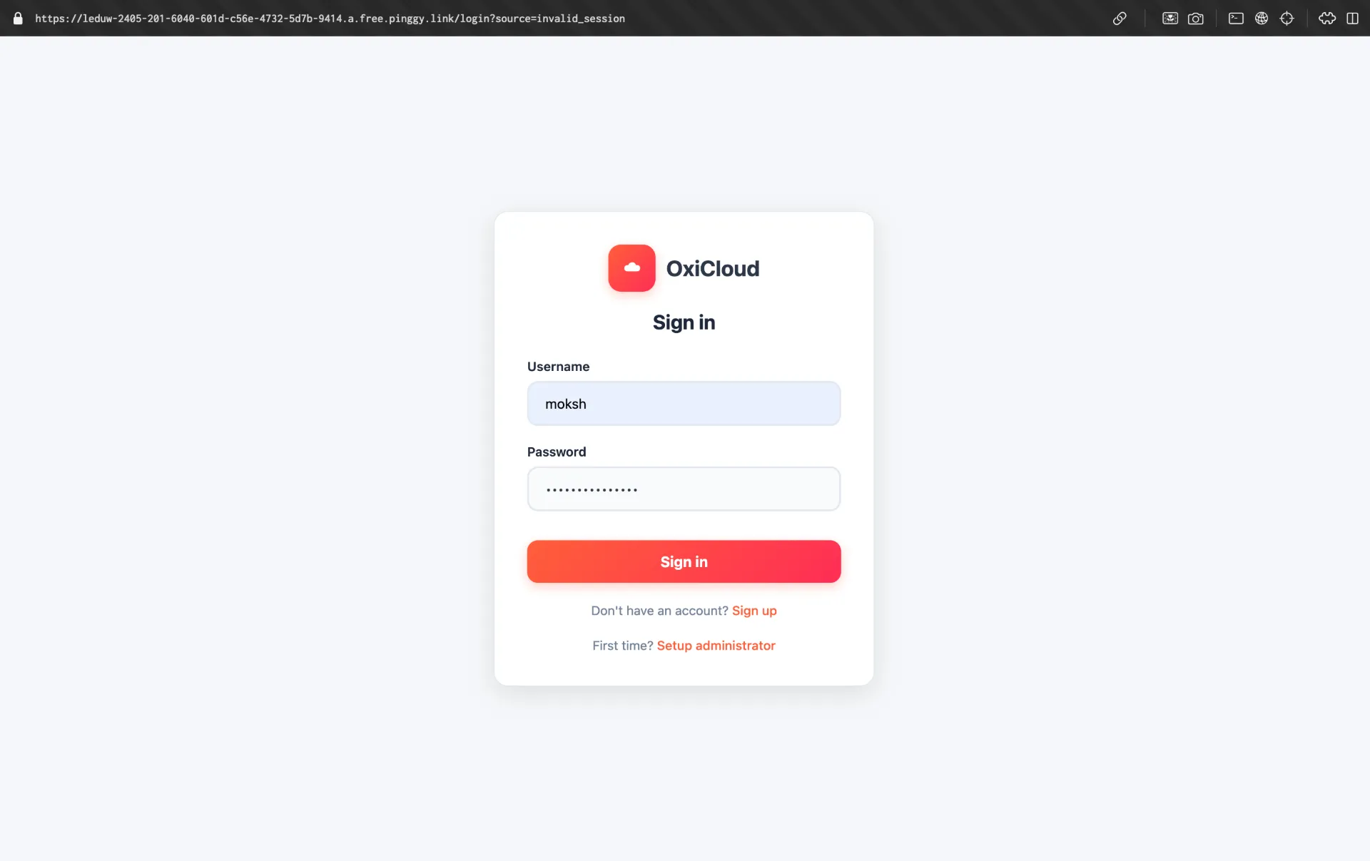 Logging into OxiCloud via Pinggy public URL