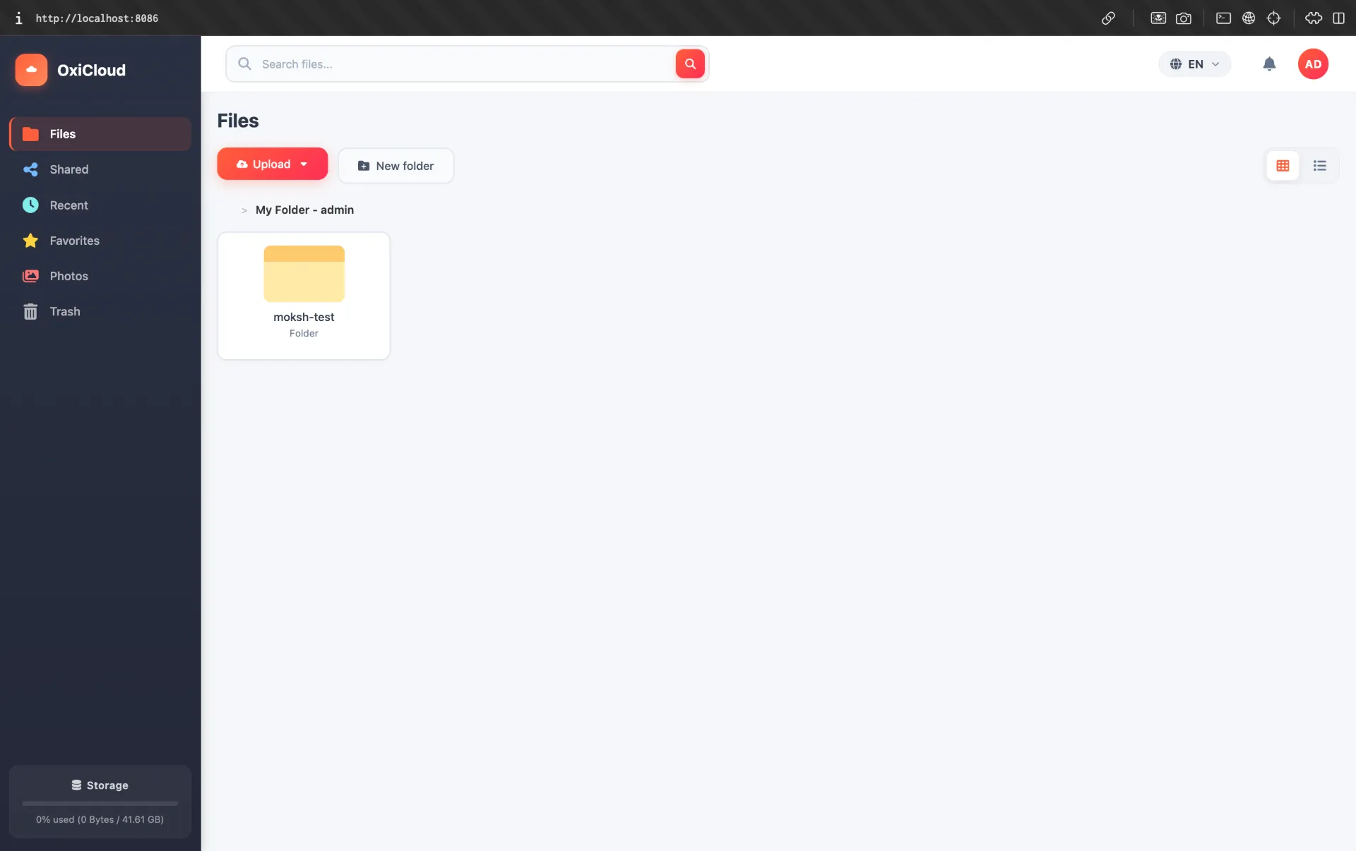 OxiCloud home page running on localhost