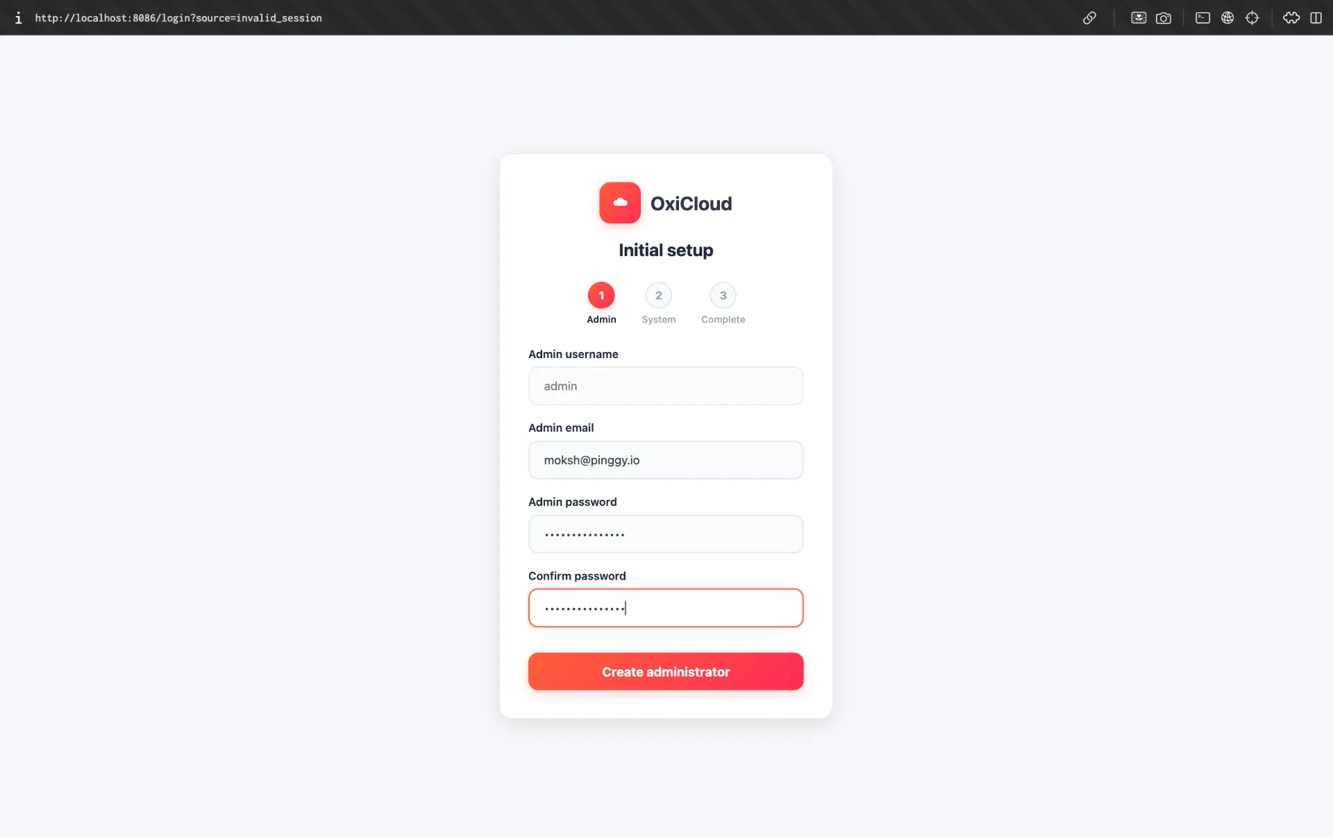 Setting up the admin user in OxiCloud