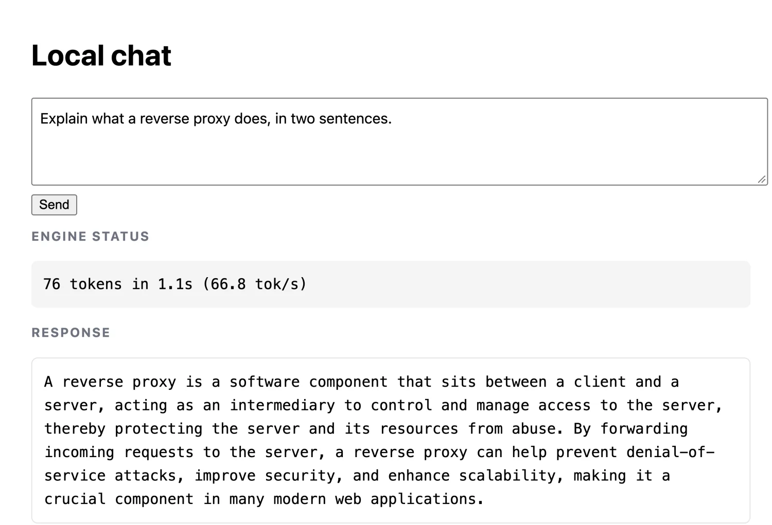 The same page after clicking Send, showing 76 tokens in 1.1s at 66.8 tokens per second and a two-sentence answer about reverse proxies