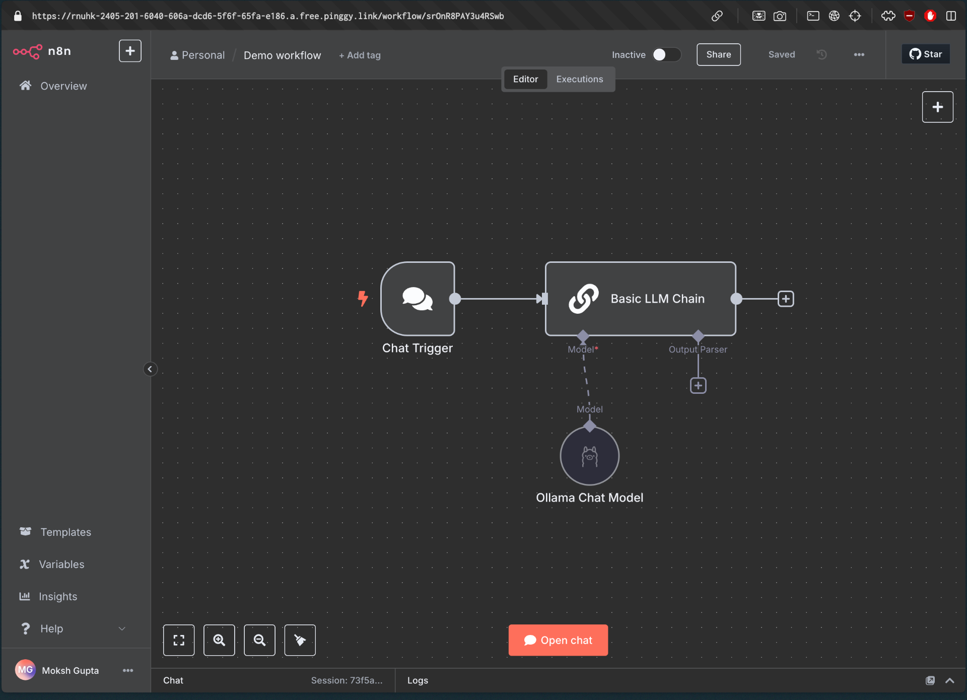 n8n interface with AI workflow using pinggy public url