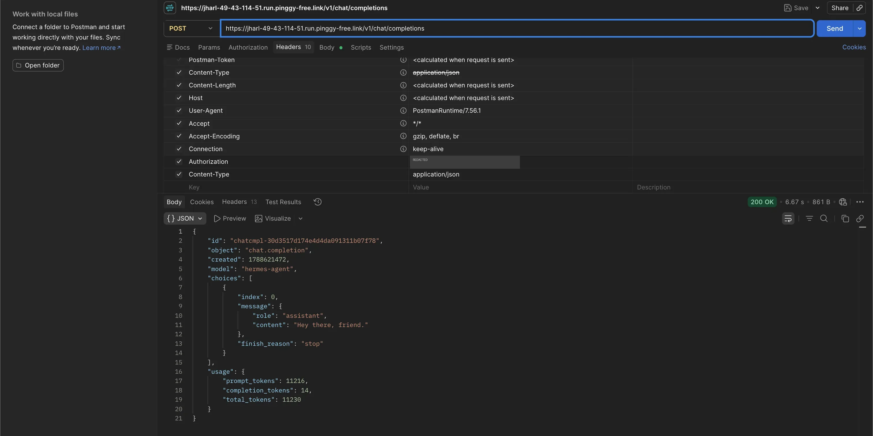 The same chat completion request sent to the public Pinggy URL, returning 200 OK from the self-hosted agent