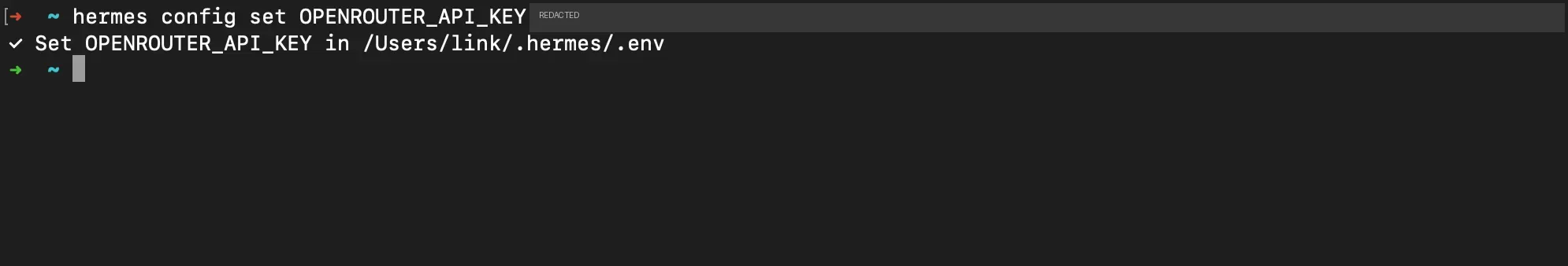 hermes config set OPENROUTER_API_KEY confirming the key was written to ~/.hermes/.env