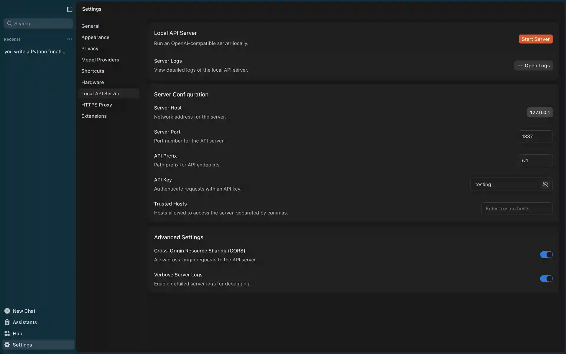 Jan API Server Settings