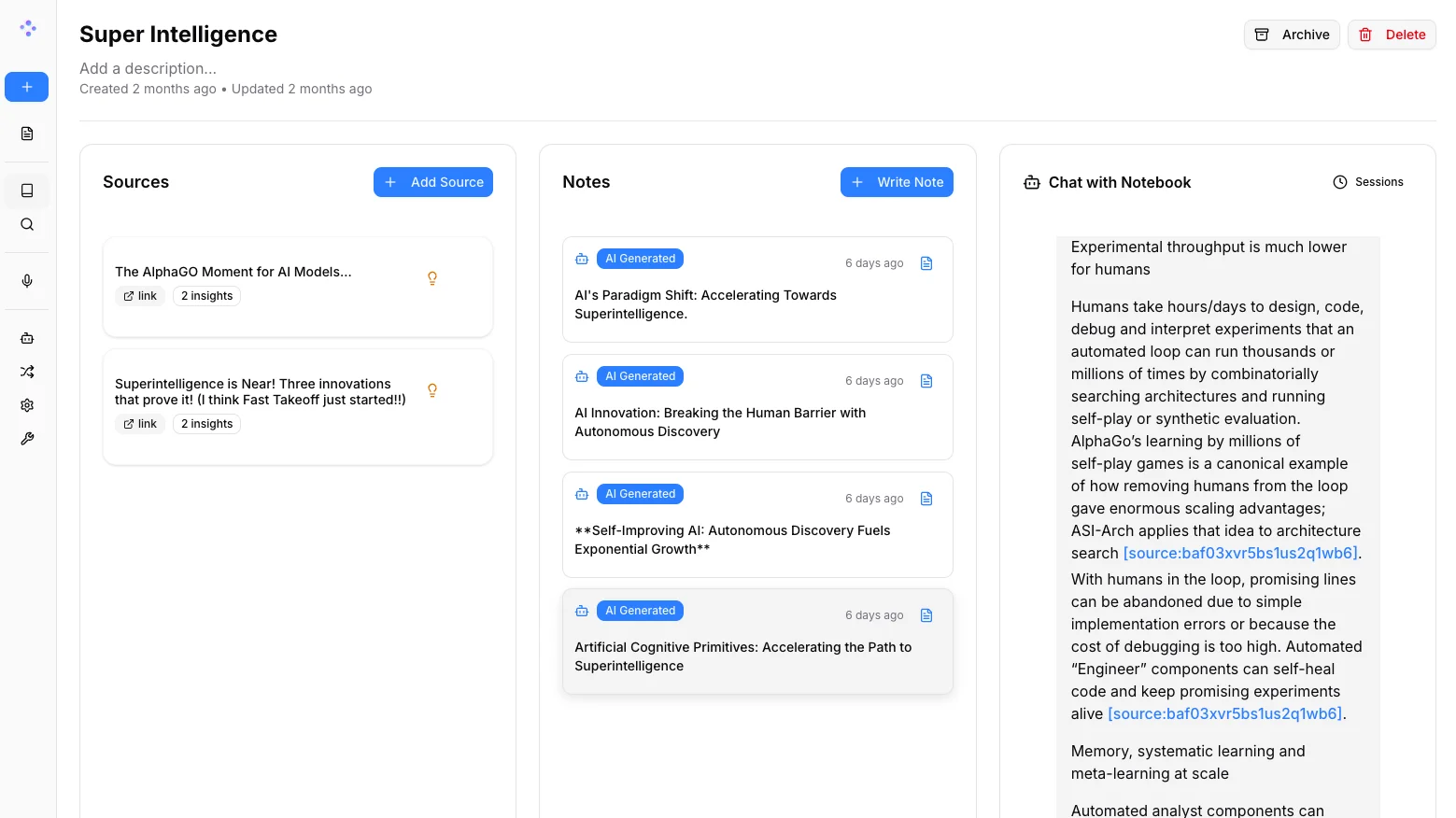 Open Notebook interface showing document sources and research workspace