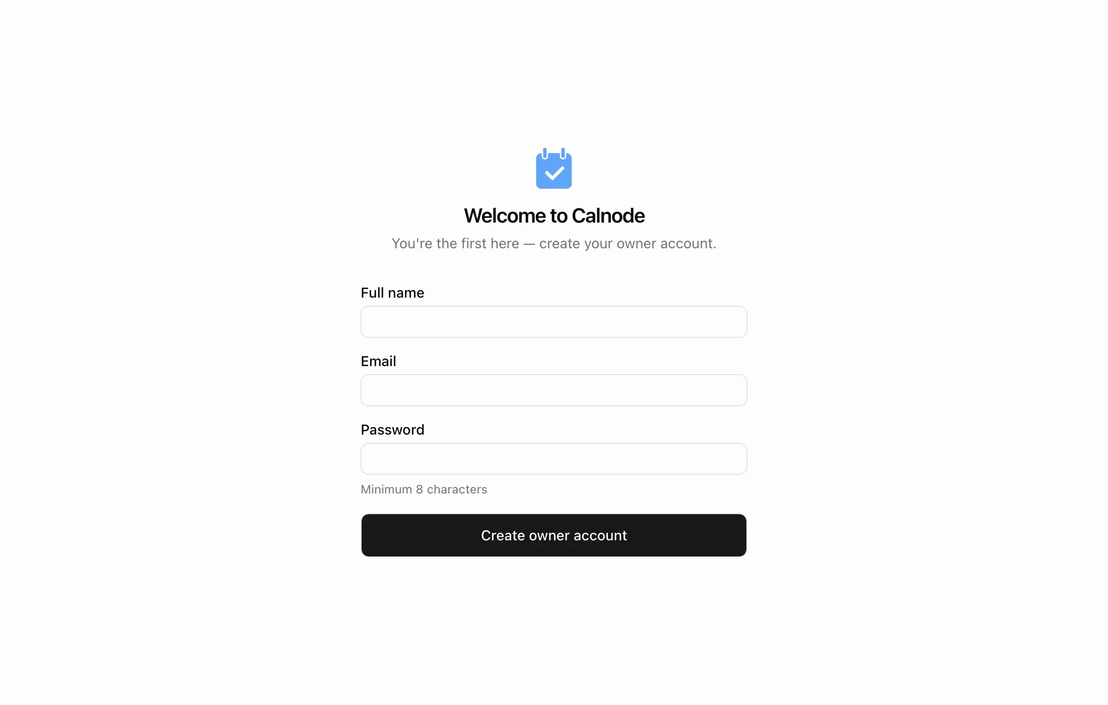 Calnode first-run screen asking for the owner account details
