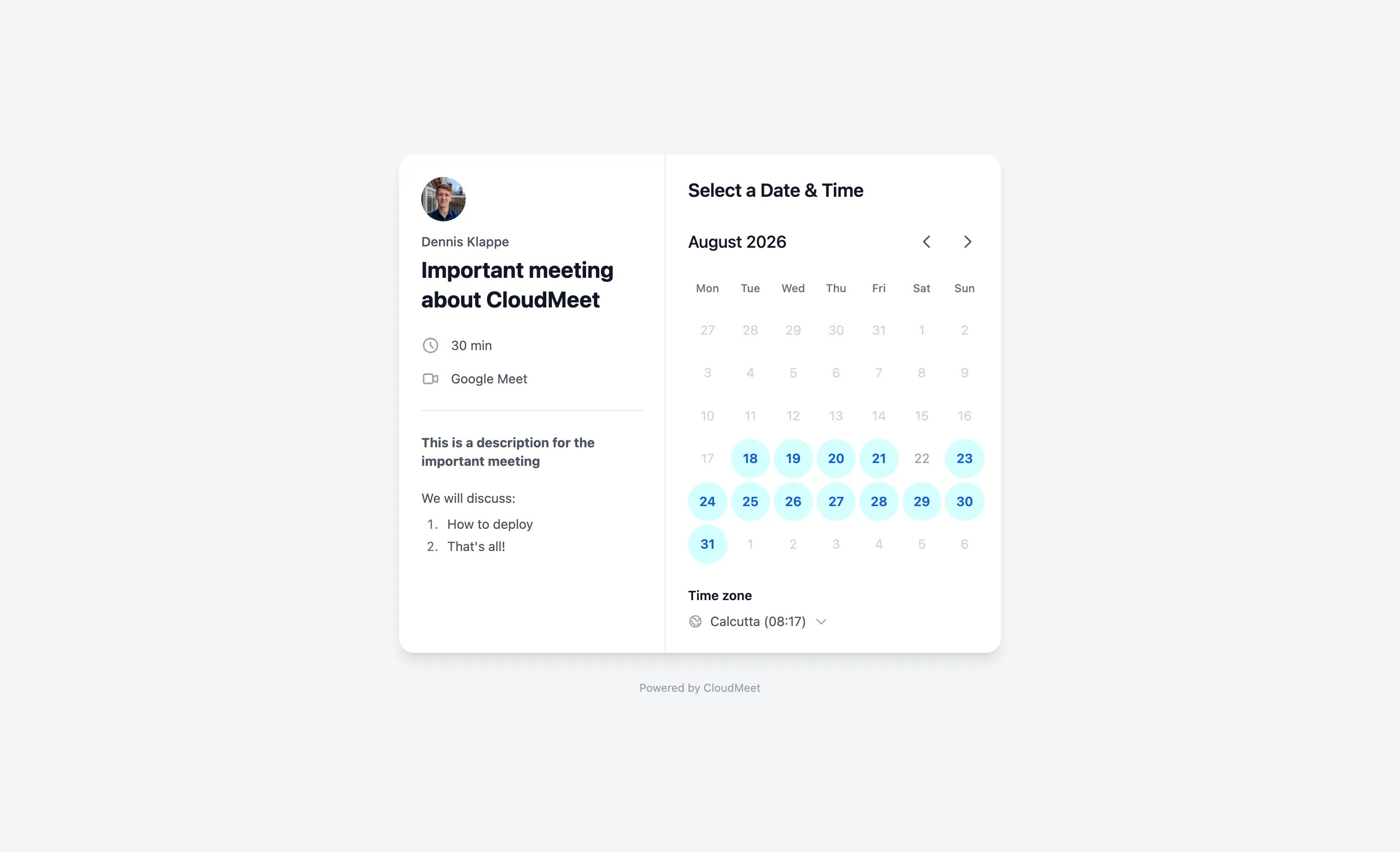CloudMeet booking page with a date picker running on Cloudflare