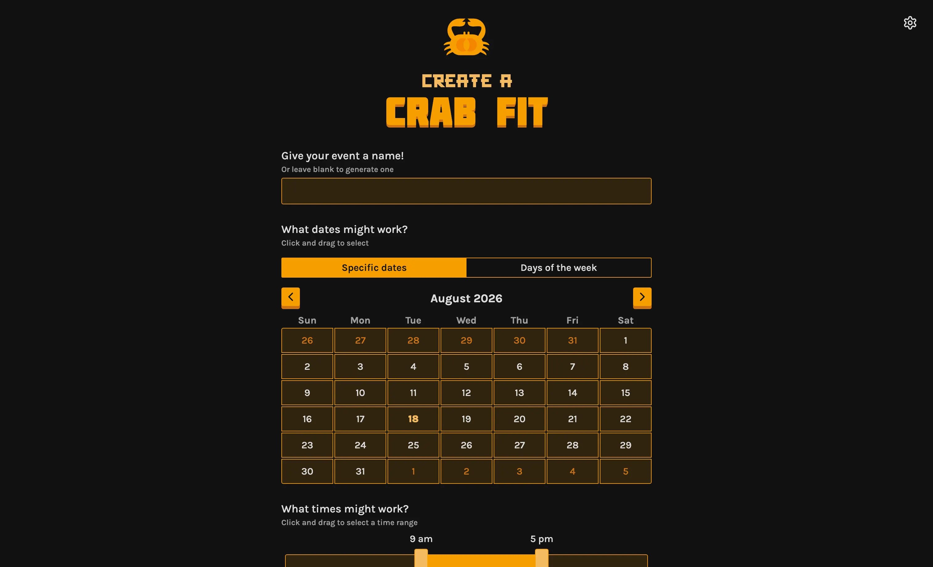 Crab Fit event creation page with a calendar and time range picker