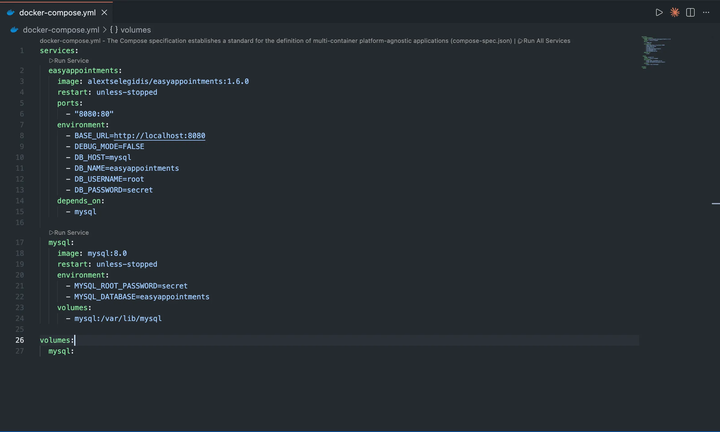 The Easy!Appointments docker-compose.yml with the app and MySQL services