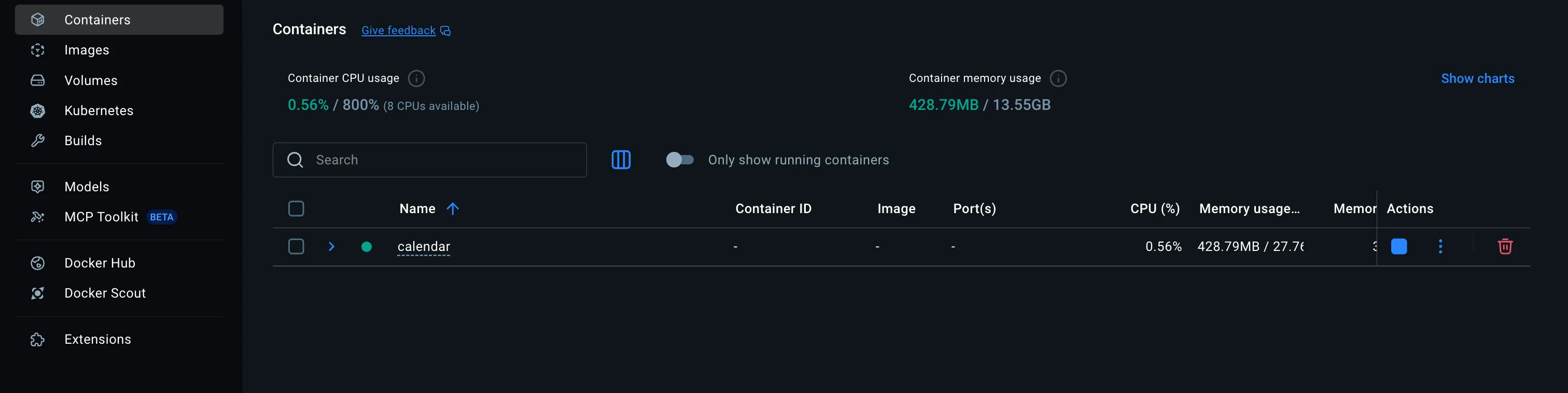Docker Desktop showing the calendar stack running