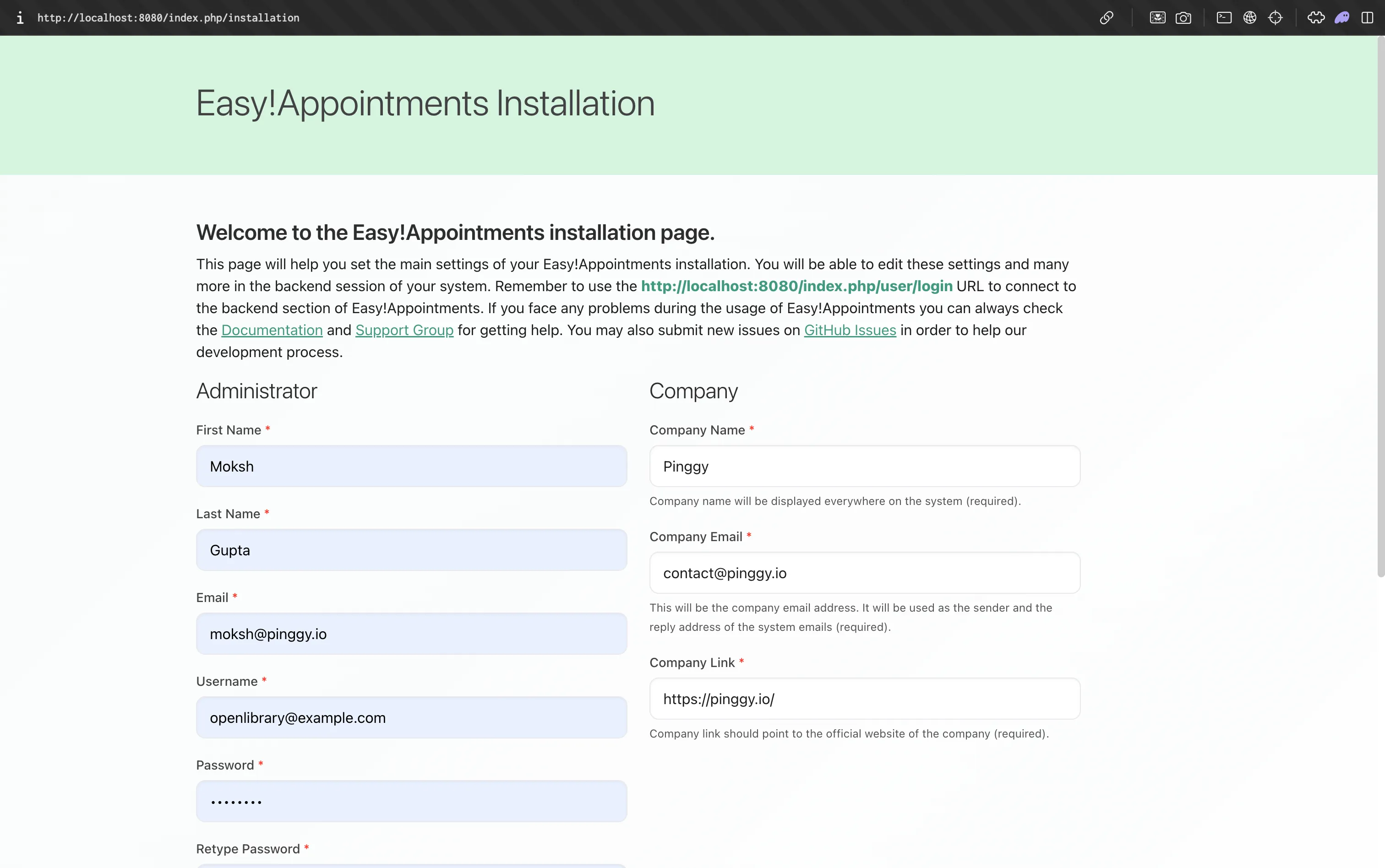 Easy!Appointments installation wizard on localhost:8080
