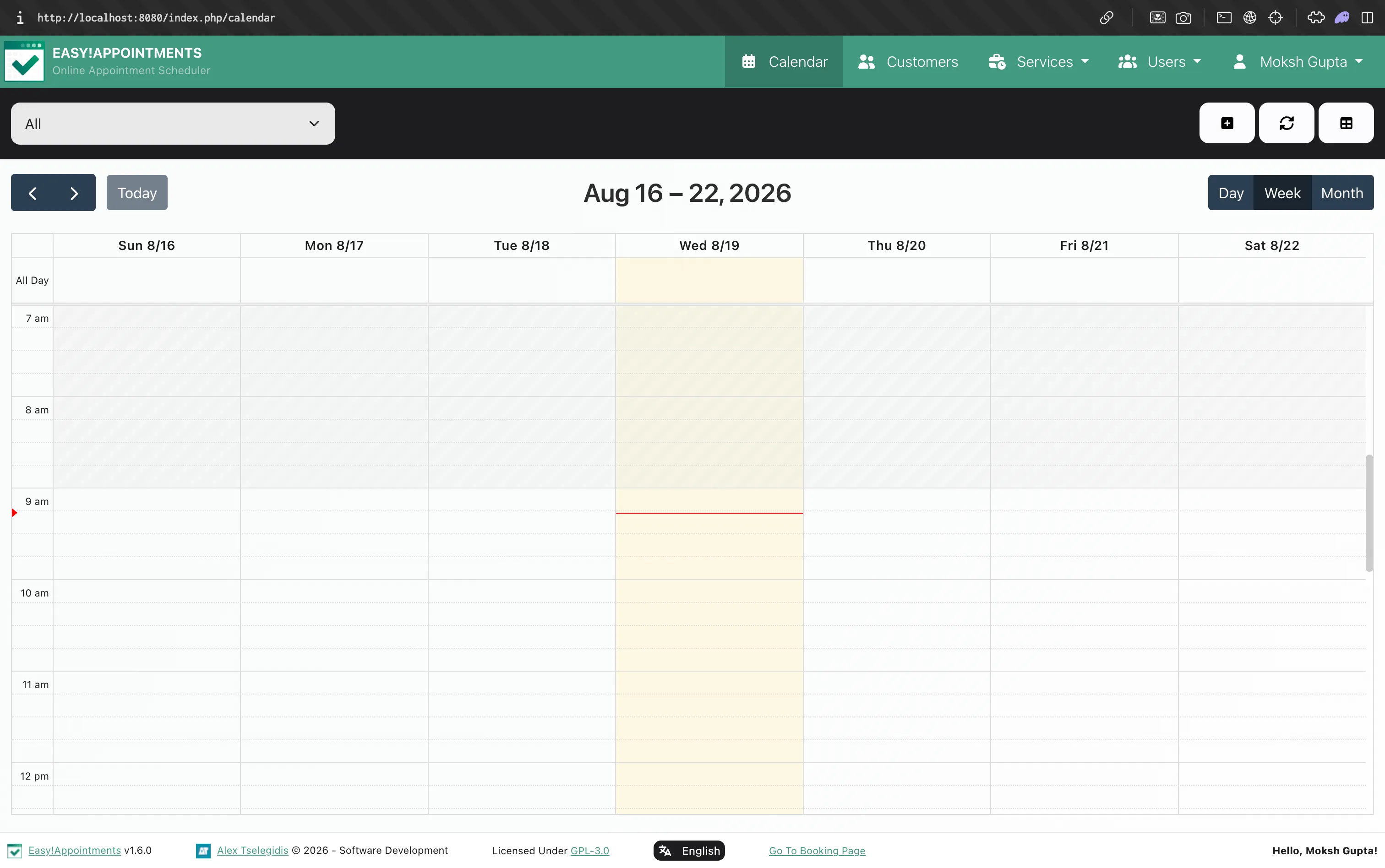 Easy!Appointments admin calendar running on localhost:8080