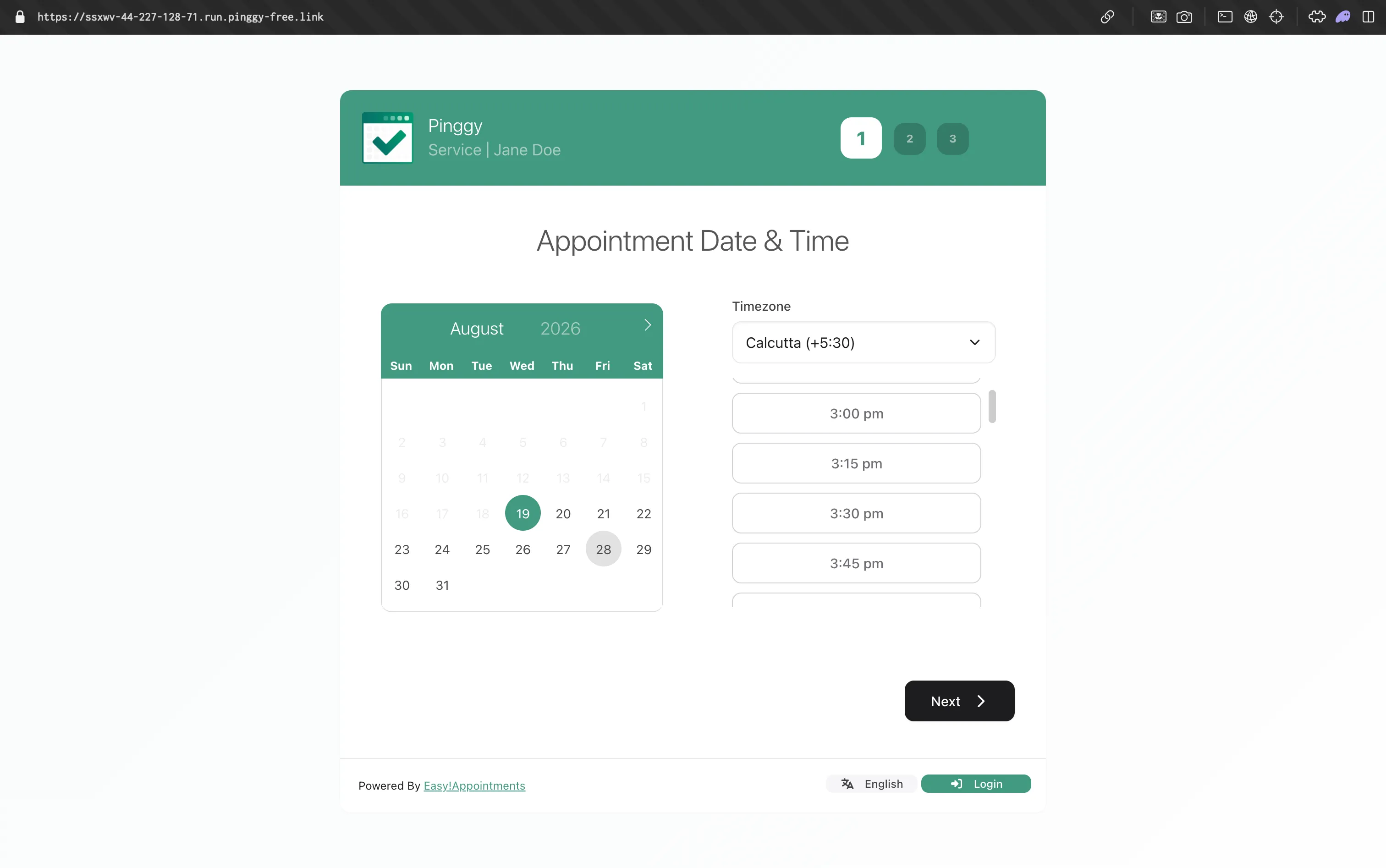The Easy!Appointments booking page served over a public Pinggy HTTPS URL