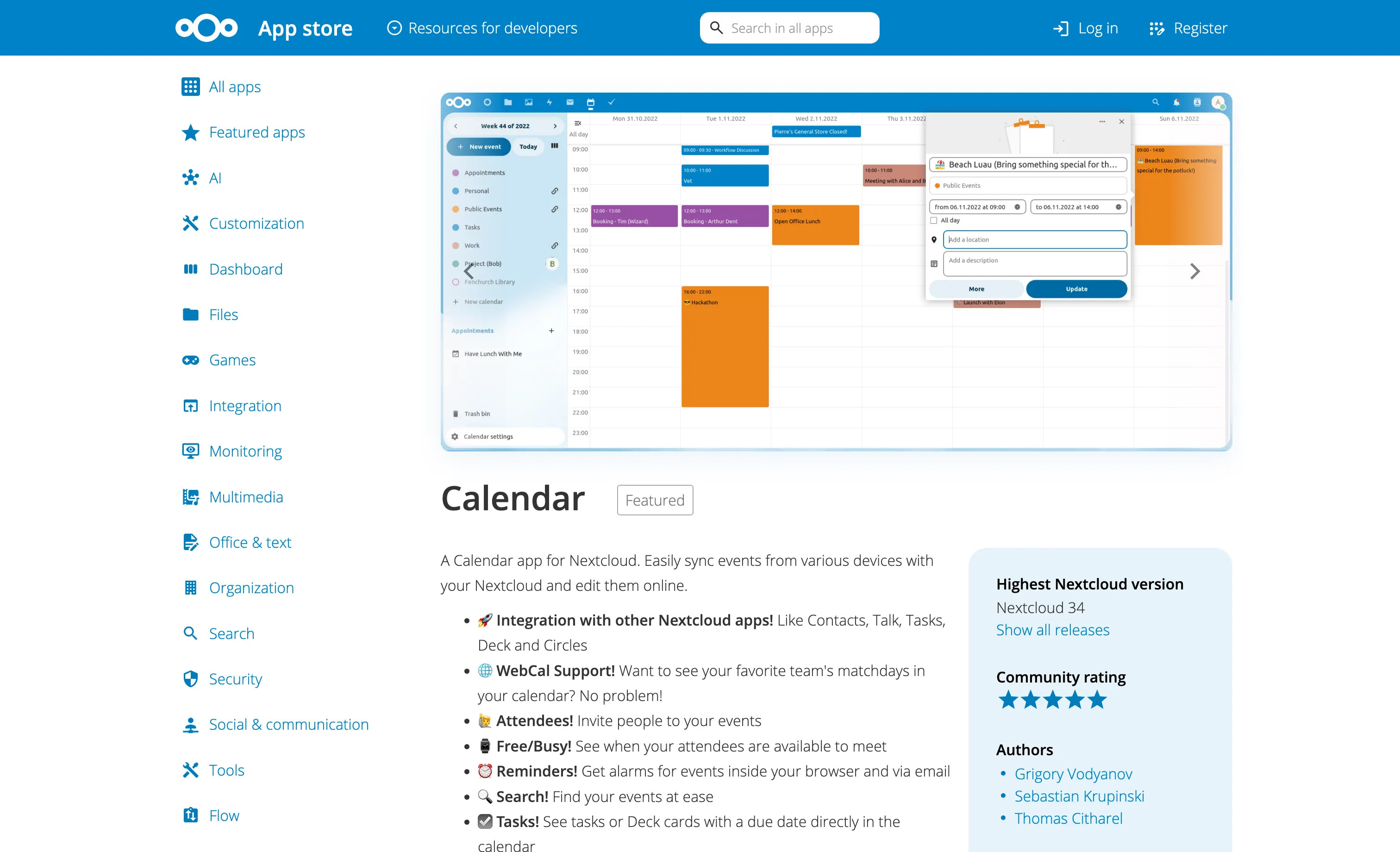 Nextcloud Calendar app listing showing appointment slots and calendar views