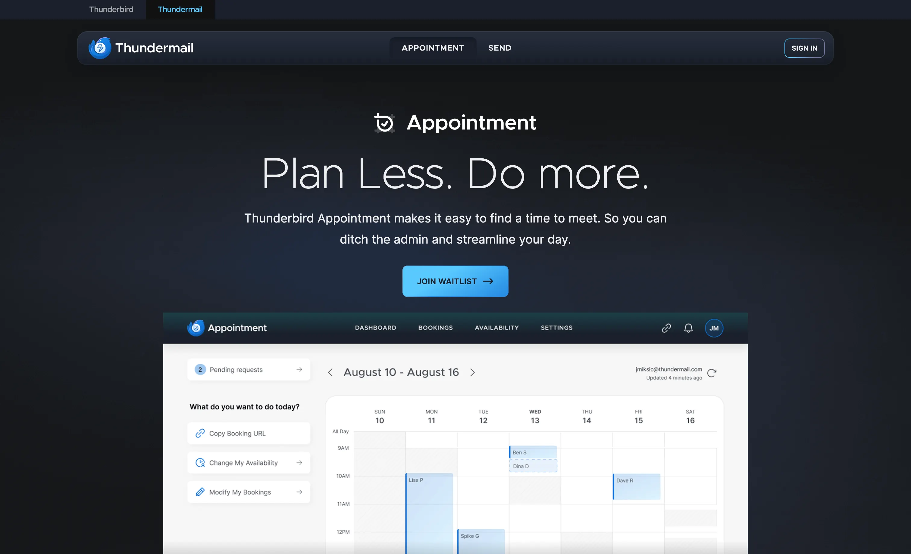 Thunderbird Appointment scheduling dashboard with weekly availability