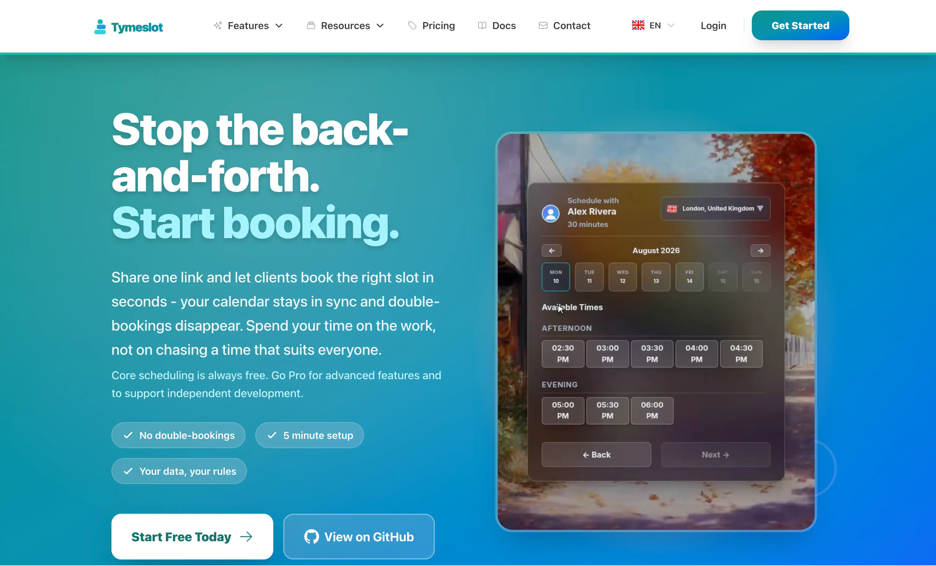 Tymeslot booking page showing meeting durations to choose from
