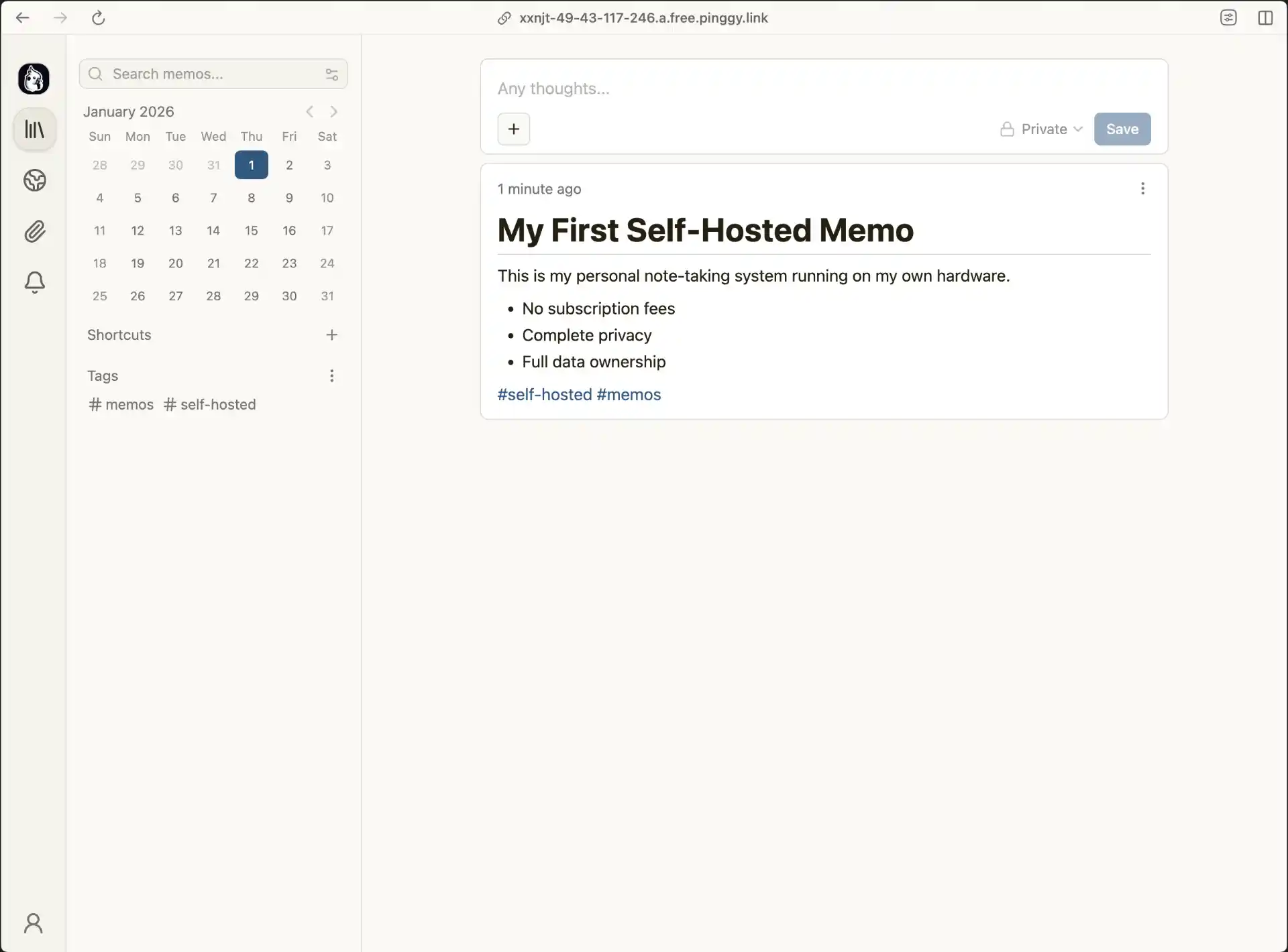 Memos Running on Pinggy Url
