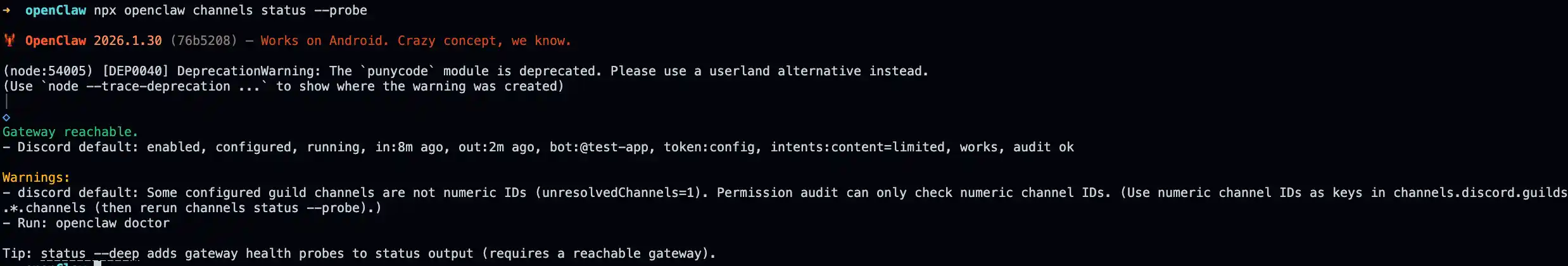 OpenClaw Channels Status Probe