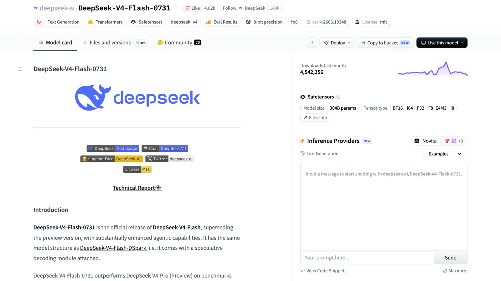 Hugging Face model card for deepseek-ai/DeepSeek-V4-Flash-0731 under the MIT license