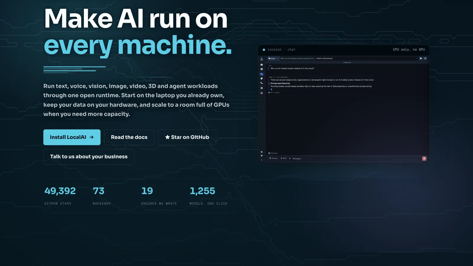 LocalAI homepage at localai.io