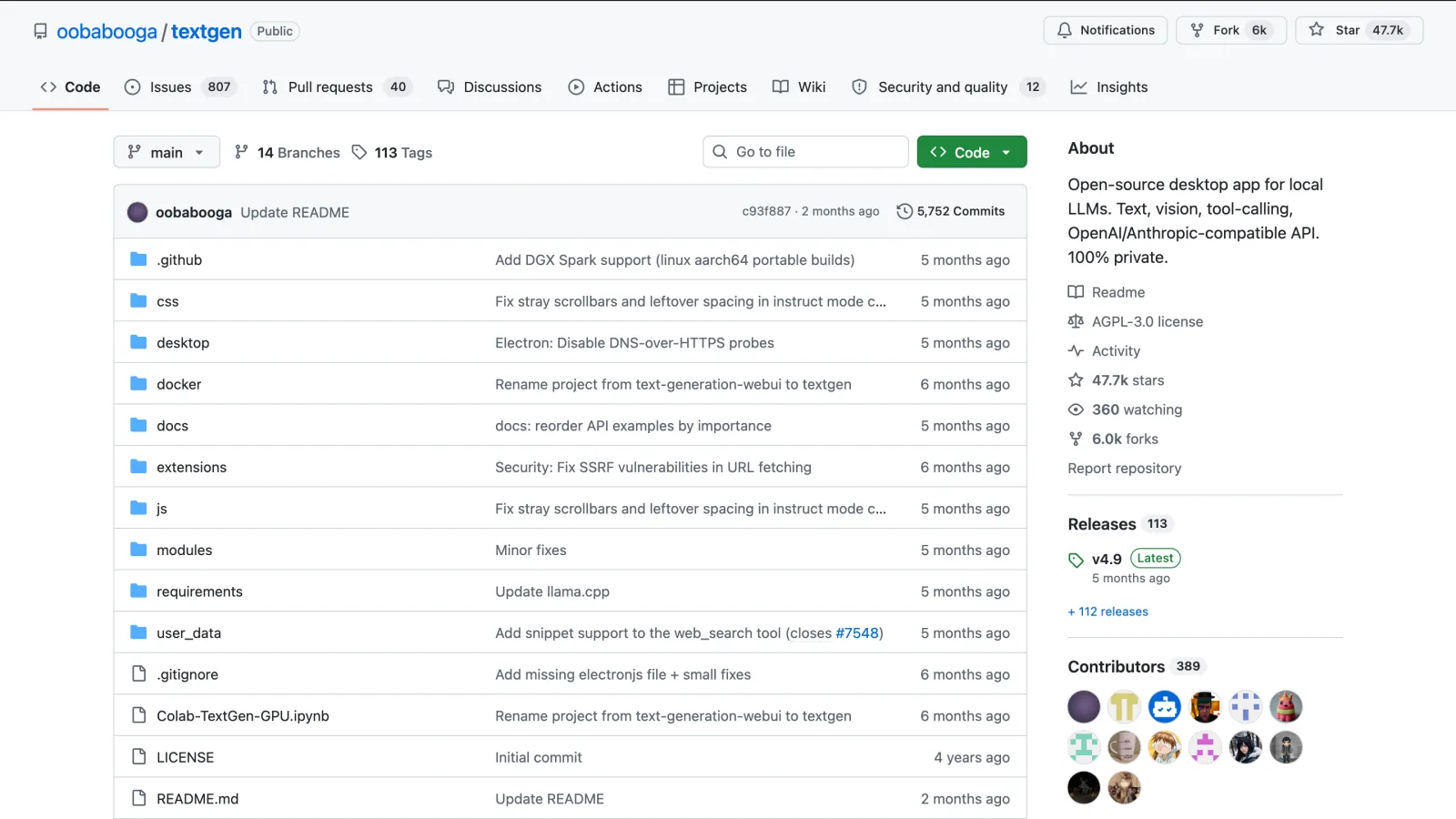 GitHub repository page for oobabooga/textgen, formerly text-generation-webui