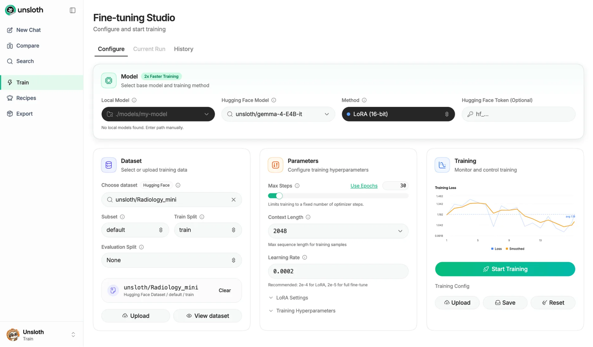 Unsloth Studio training interface