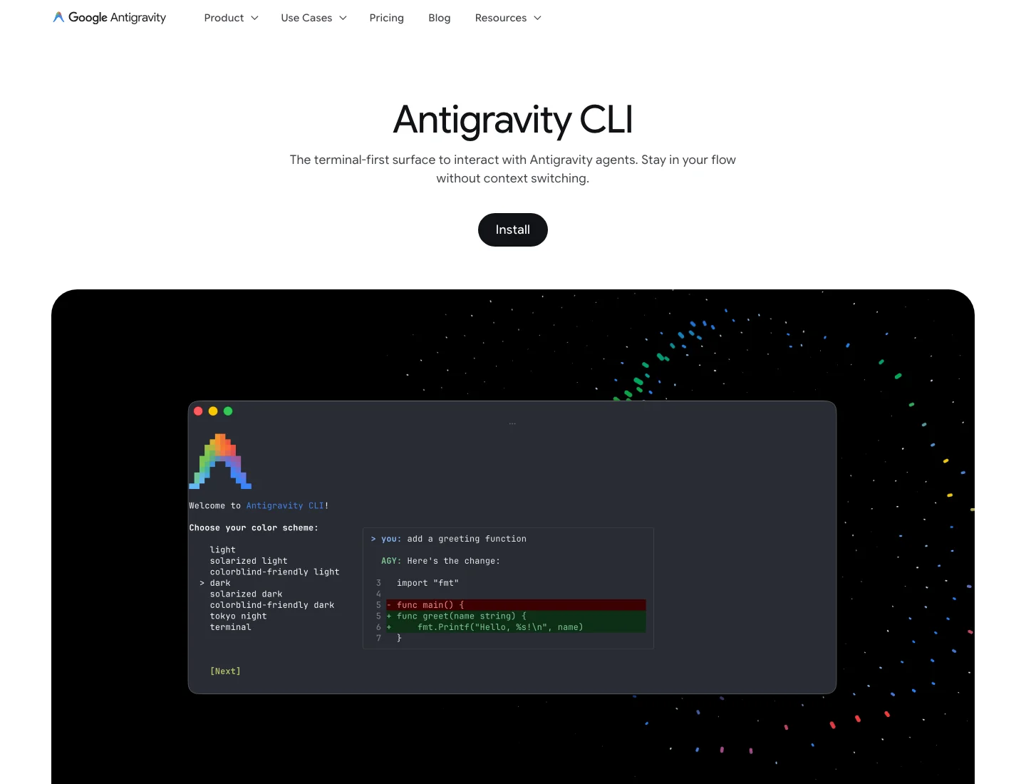 antigravity cli hero page showing terminal-first agent surface