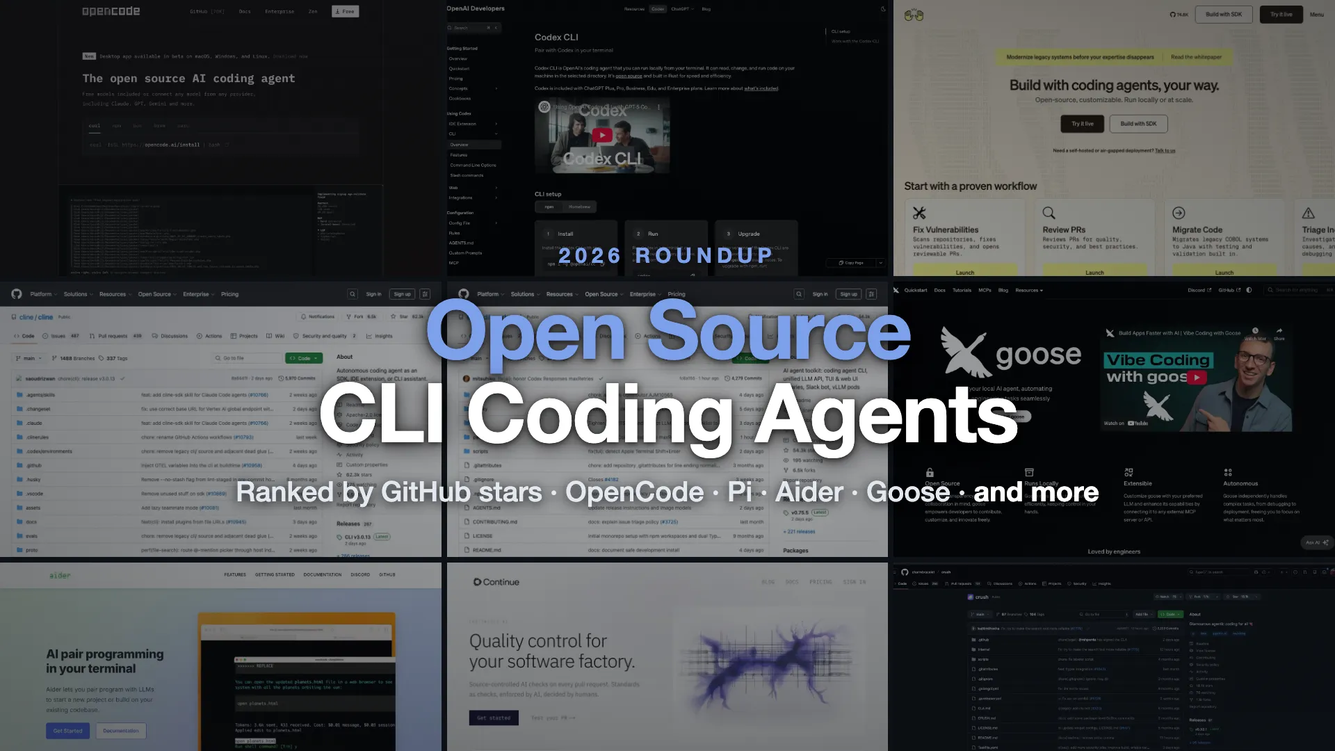 mosaic of open source CLI coding agents: OpenCode, Codex, OpenHands, Cline, Pi, Goose, Aider, Continue, Crush