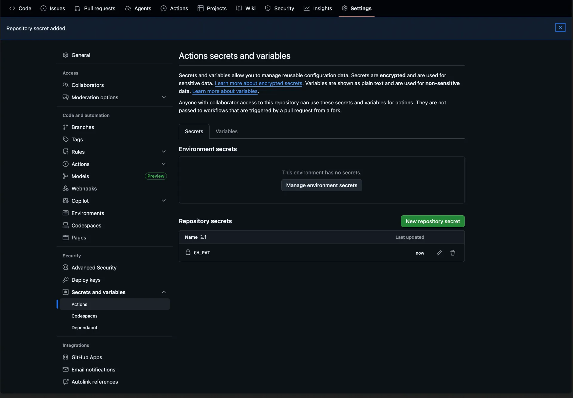 Add GH_PAT as a repository secret in Actions secrets