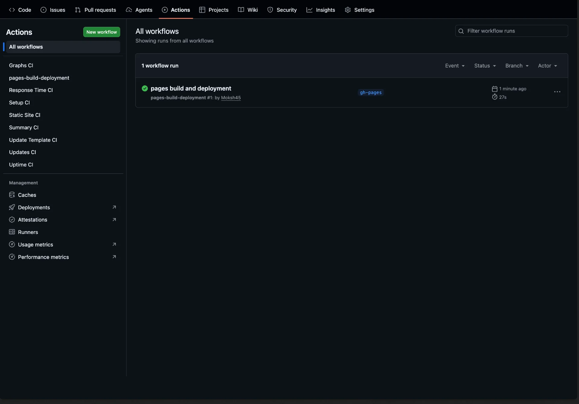 GitHub Actions tab showing the Upptime workflows