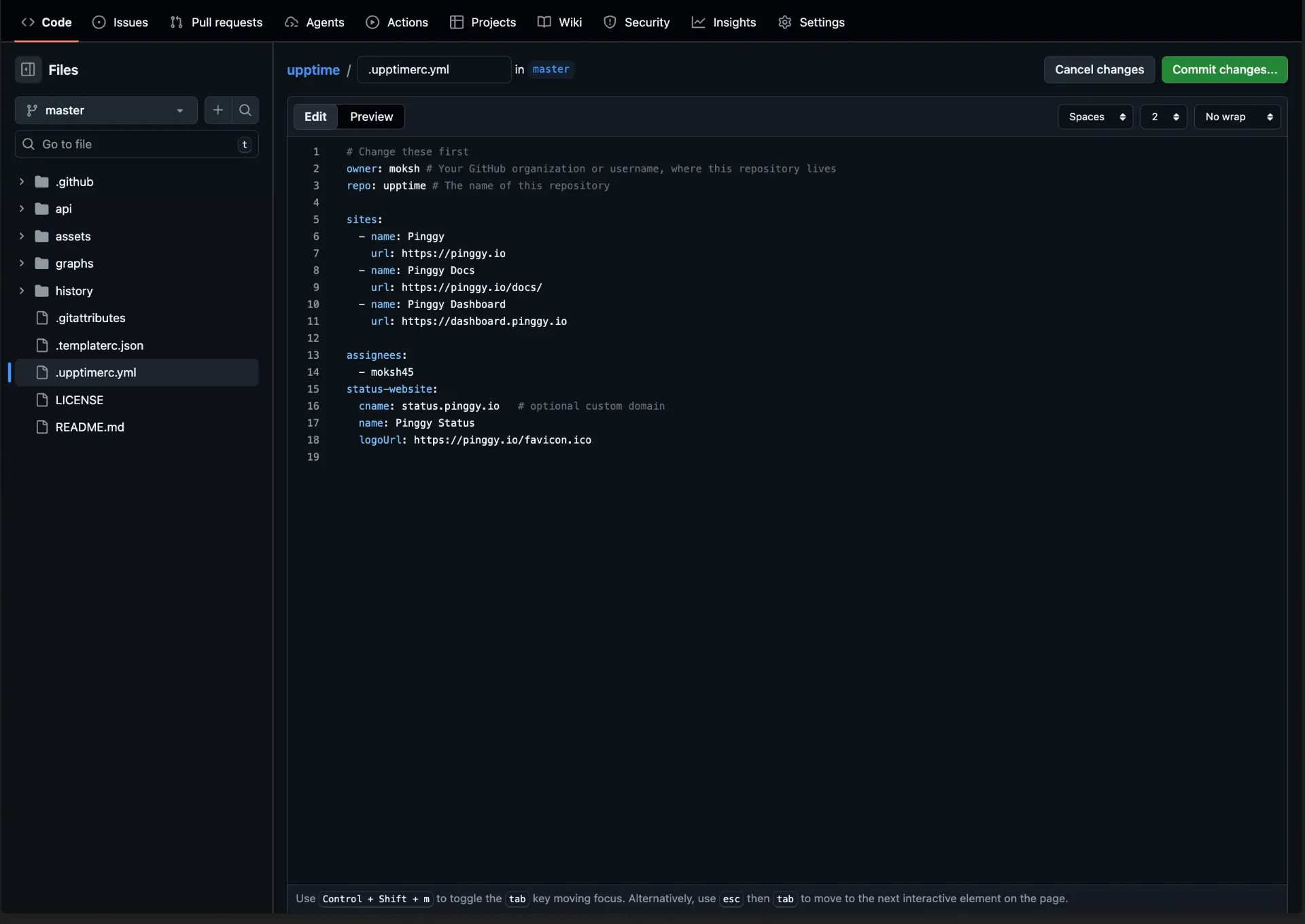 Edit .upptimerc.yml with your sites and GitHub username