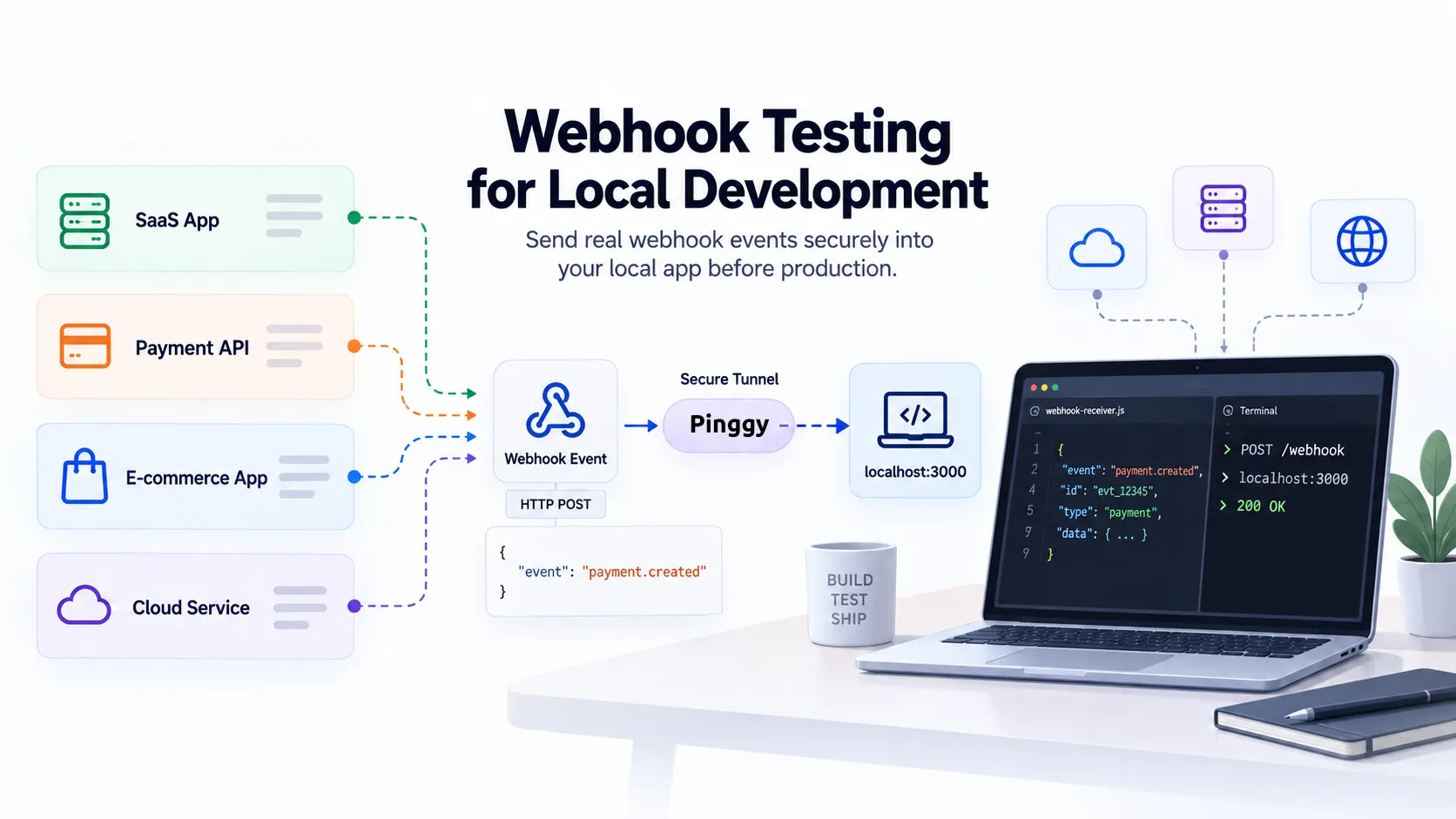 Webhook testing for local development: a SaaS app, payment API, e-commerce app and cloud service each POST a webhook event through a Pinggy secure tunnel into a handler on localhost:3000, with a terminal showing POST /webhook returning 200 OK