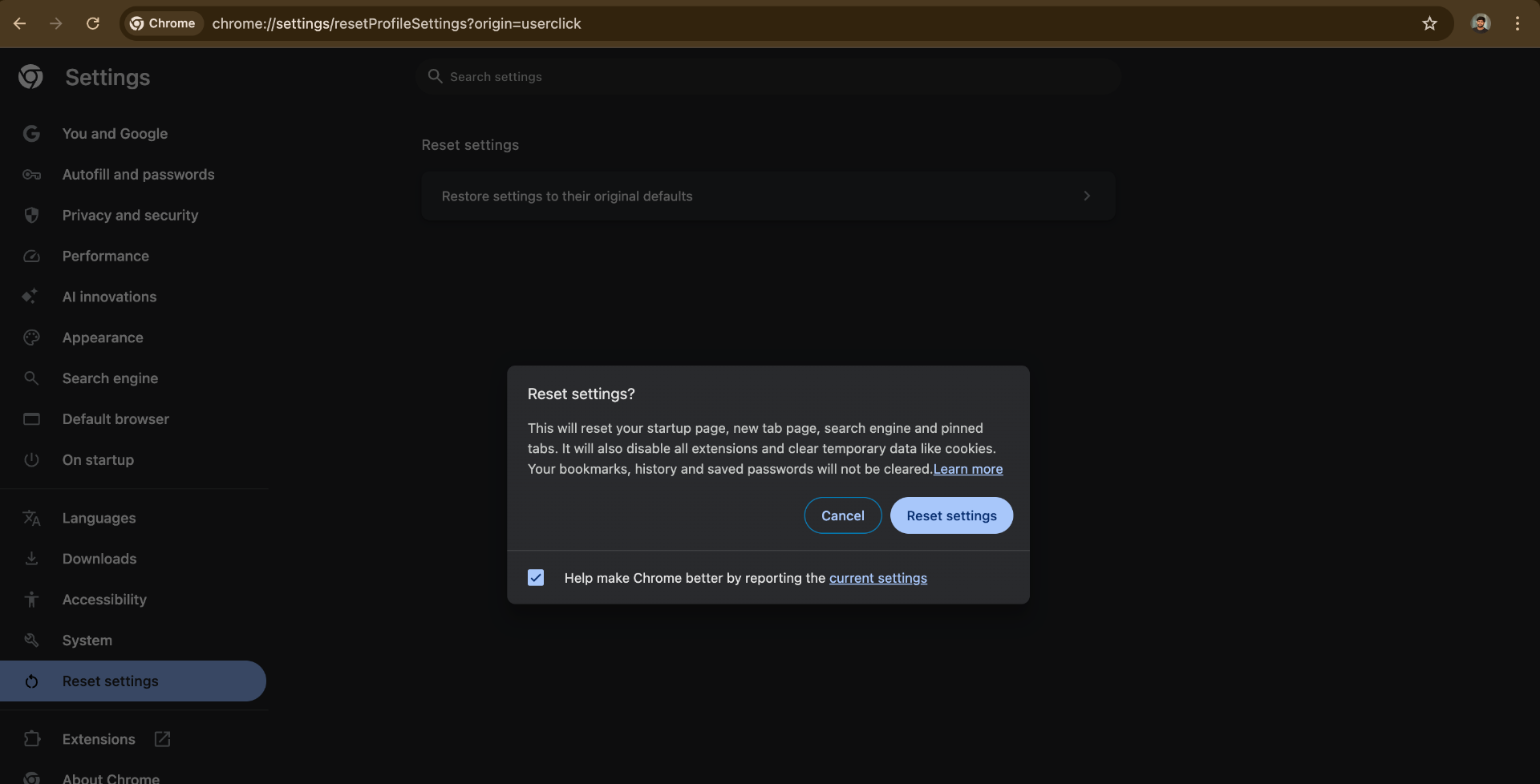 Google Chrome Reset setting