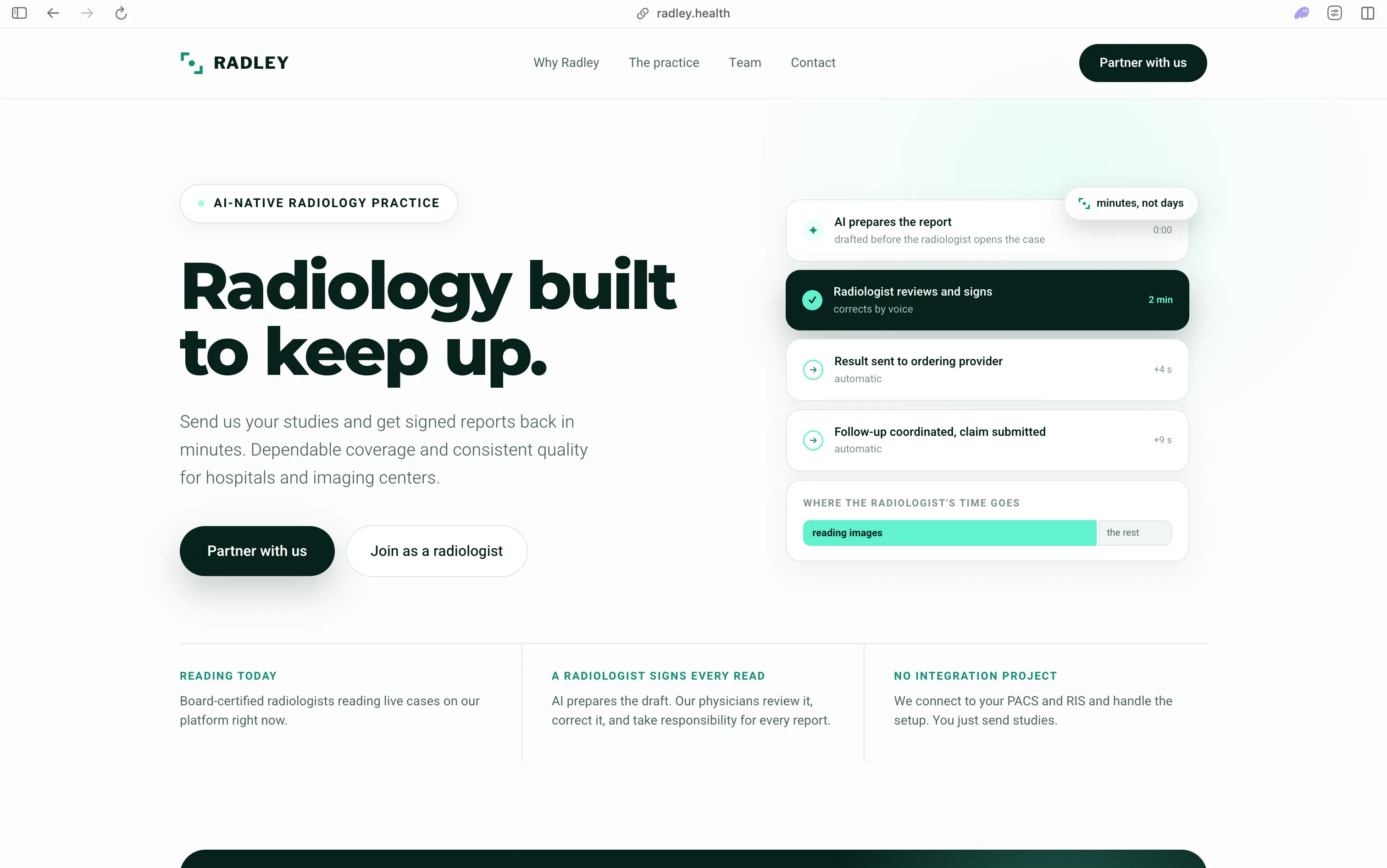 Radley homepage: an AI-native radiology practice